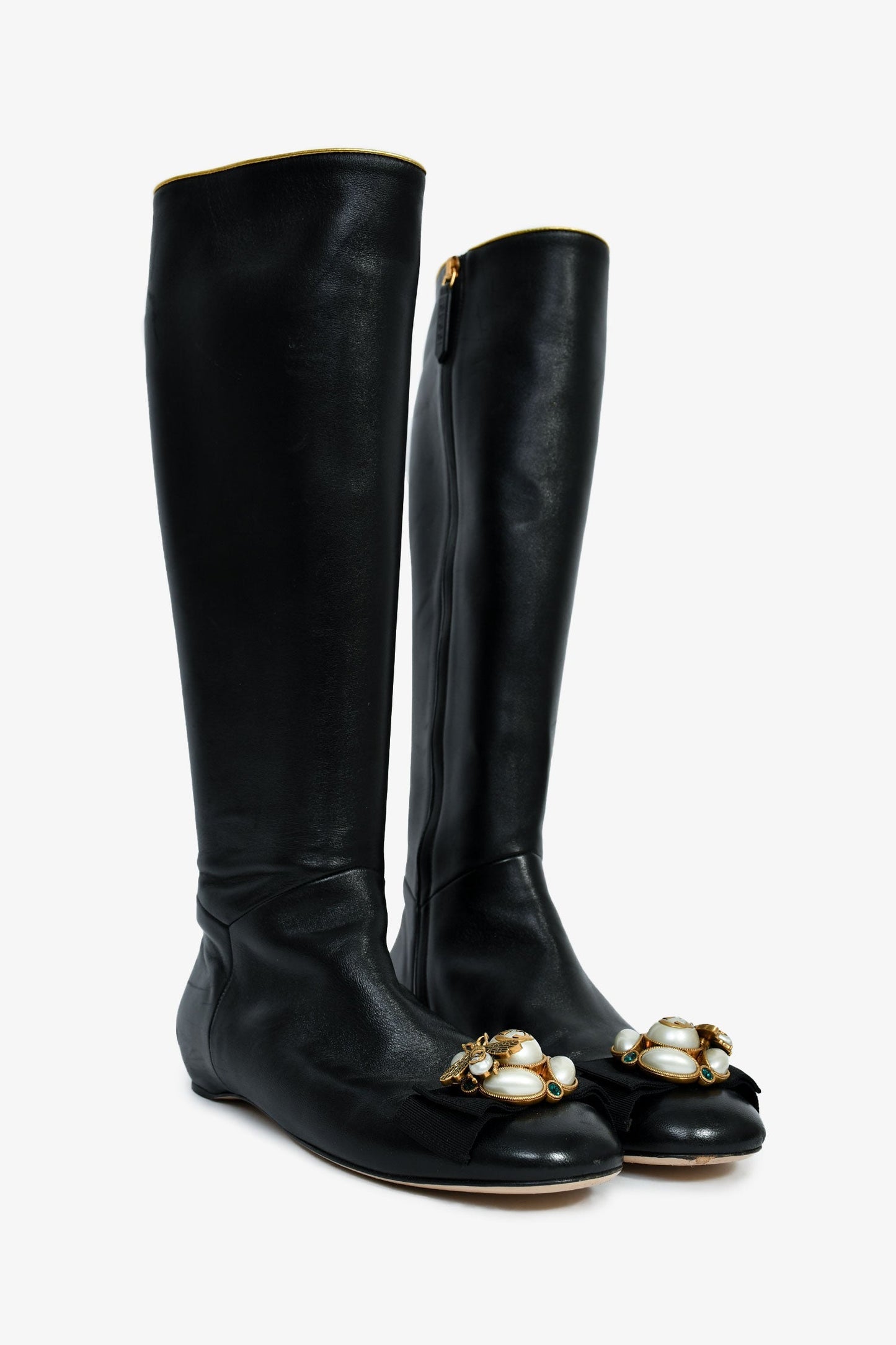 Gucci Black Leather Faux Pearl/Crystal Embellished Knee High Riding Boot Size 37.5
