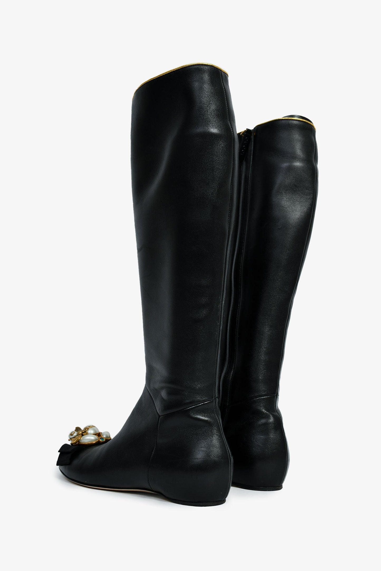 Gucci Black Leather Faux Pearl/Crystal Embellished Knee High Riding Boot Size 37.5