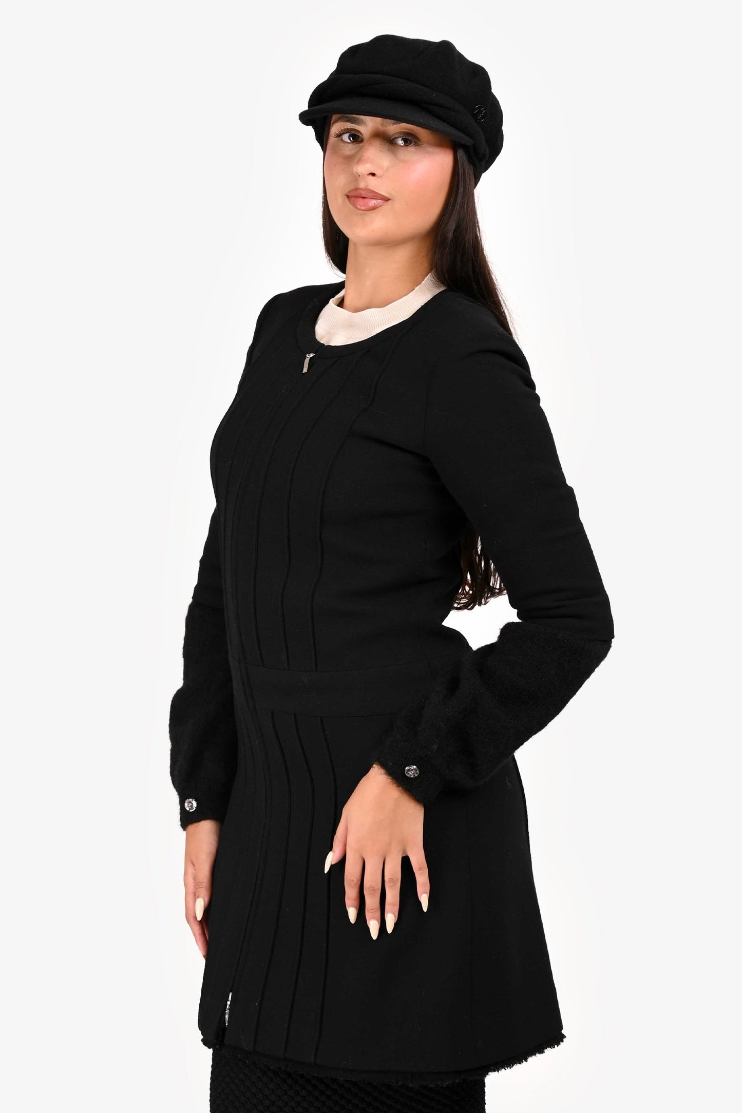 Chanel Black Wool/Silk Zip Up L/S Dress Size 40