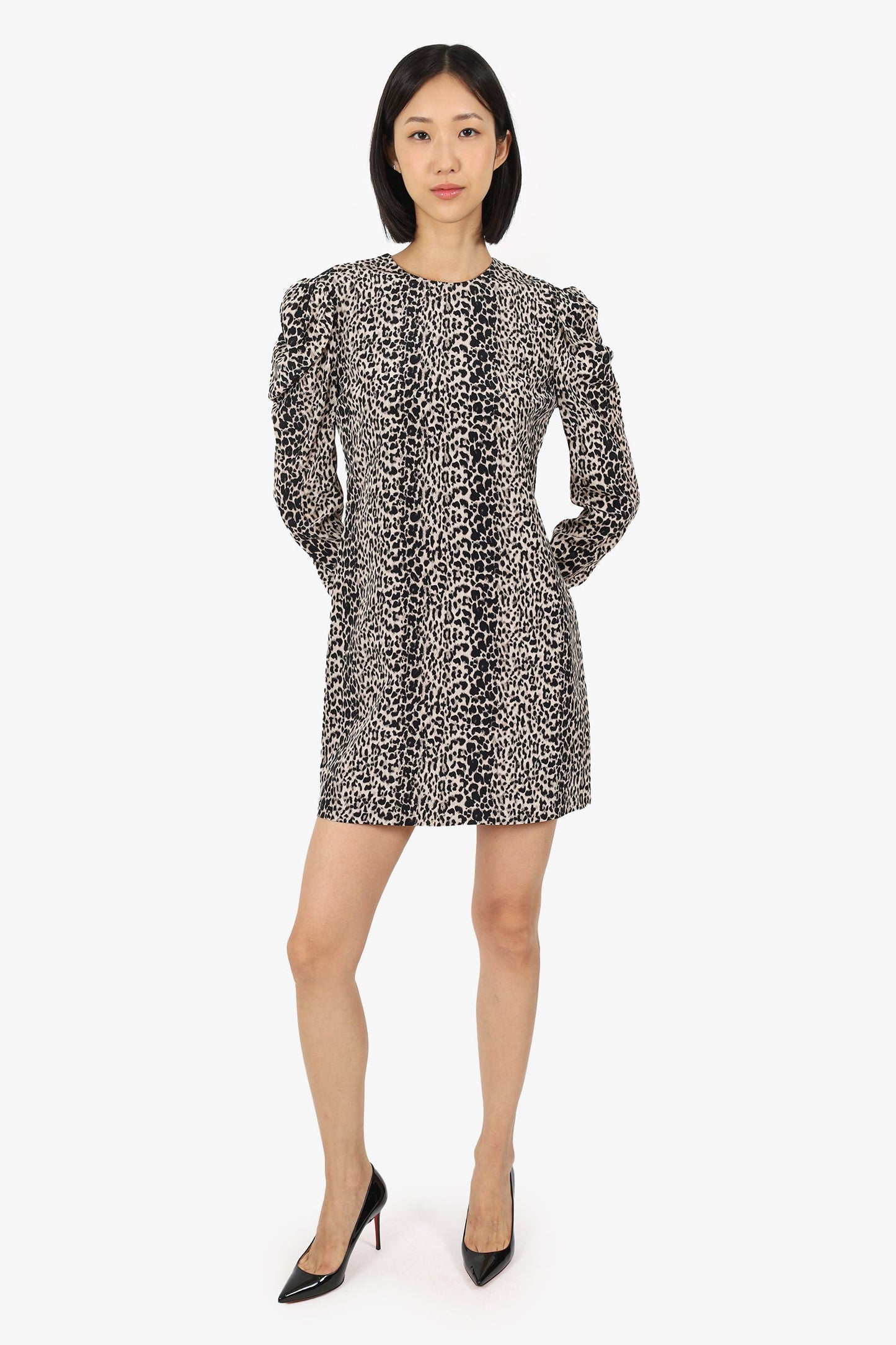 Saint Laurent Black/White Silk Leopard Print Puff Sleeve Mini Dress Size 40