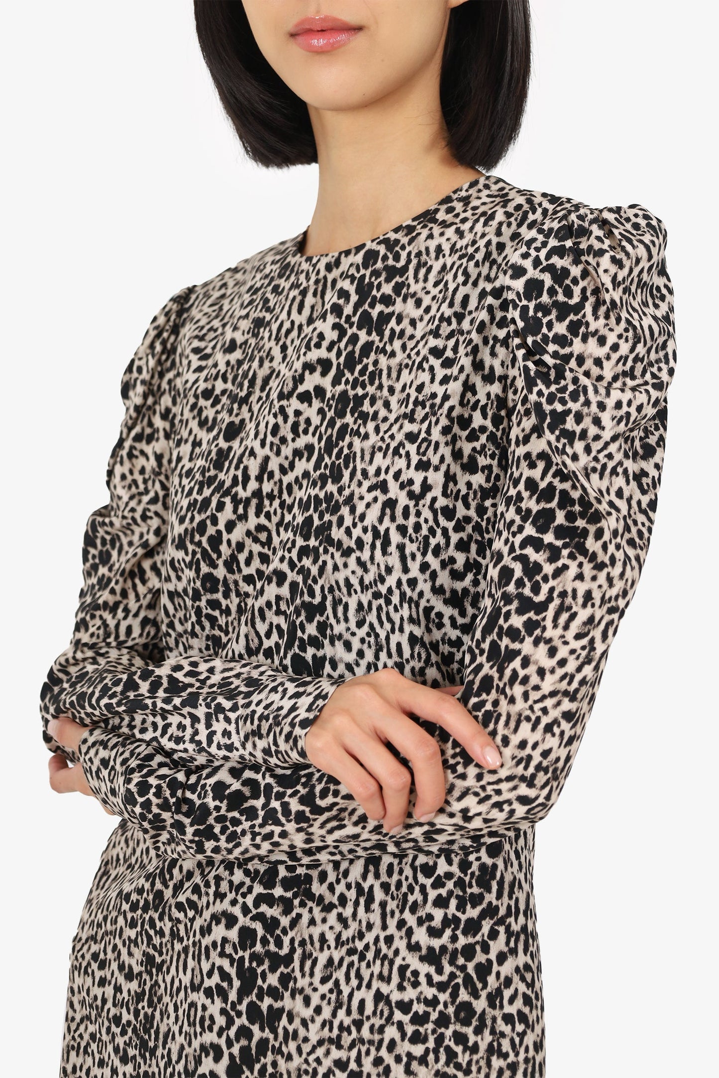 Saint Laurent Black/White Silk Leopard Print Puff Sleeve Mini Dress Size 40