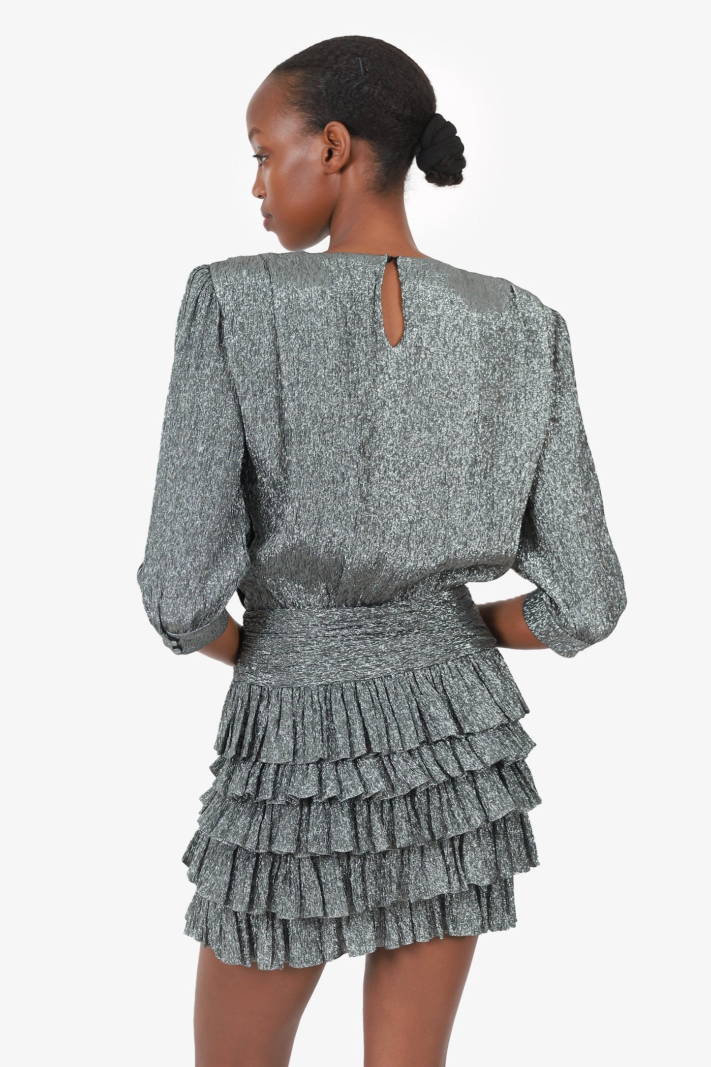 Saint Laurent Silver Metallic Ruffled Tiered Mini Dress Size 38