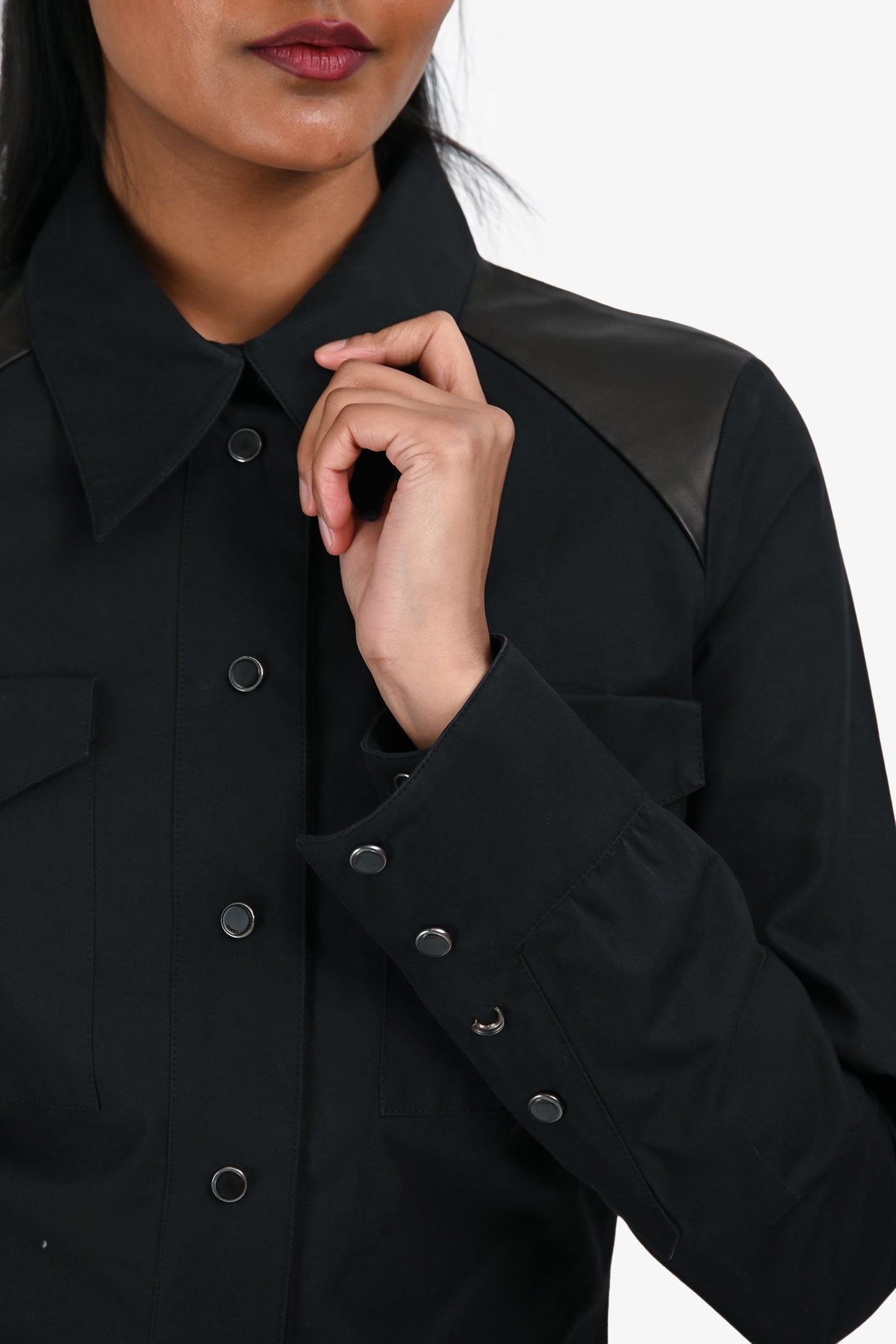 Gucci Black Cotton/Leather Detail Button Down Collared Dress Size 38