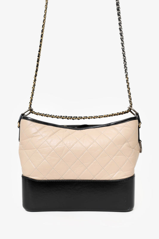 Pre-Loved Chanel™ 2018-19 Beige/Black Leather Medium Gabrielle Chain Bag