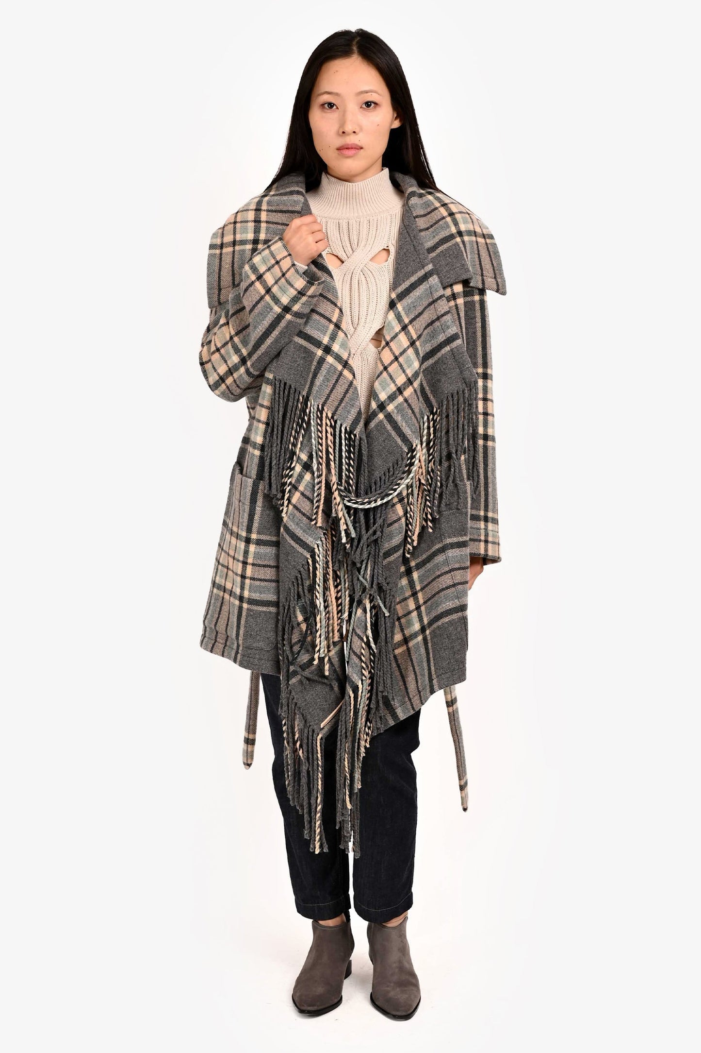 Chloe Grey/Multi Colour Wool Fringe Belted Coat Size 38
