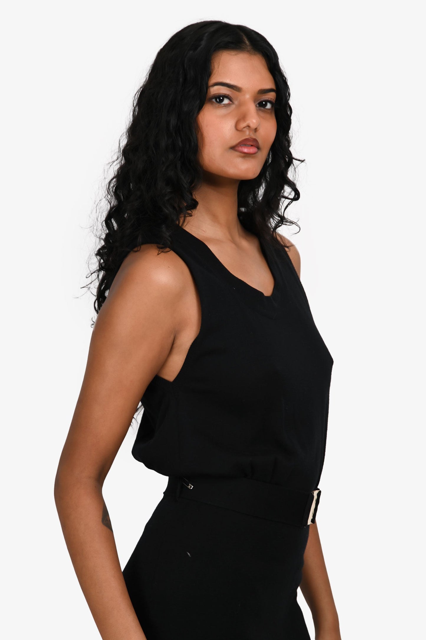 Fendi Black Cotton Knit Sleeveless Belted Dress Size 38