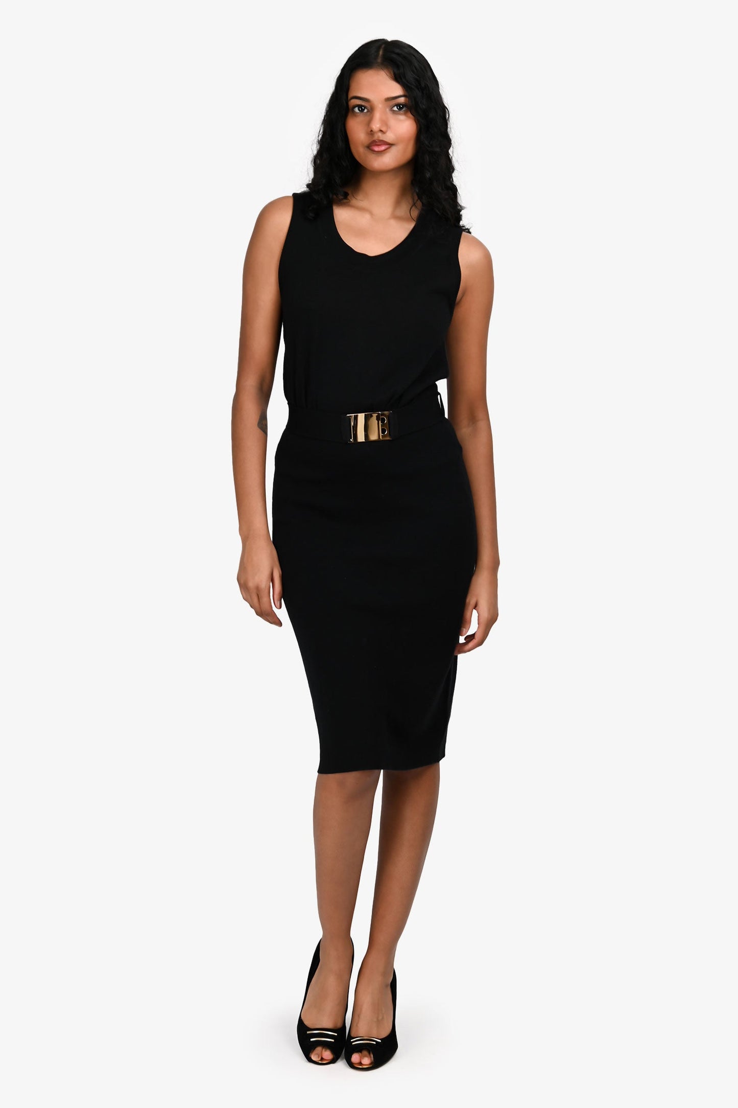 Fendi Black Cotton Knit Sleeveless Belted Dress Size 38