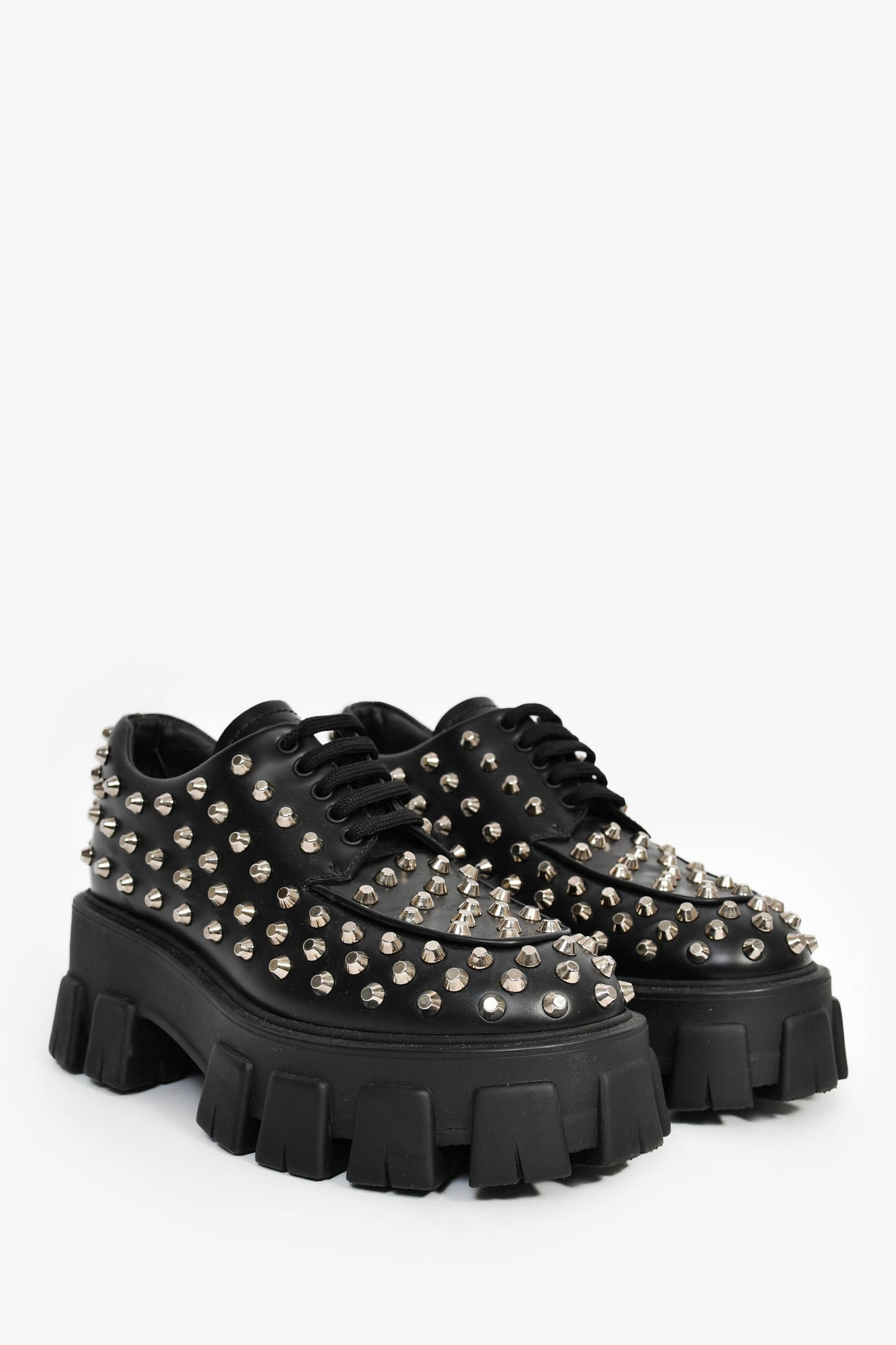 Prada Black Brushed Leather Studded Platform Loafers Size 35