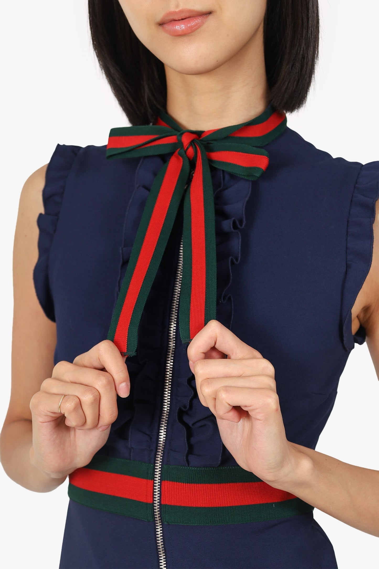 Gucci Navy Ruffled Wed Trim Sleeveless Midi Dress Size XS