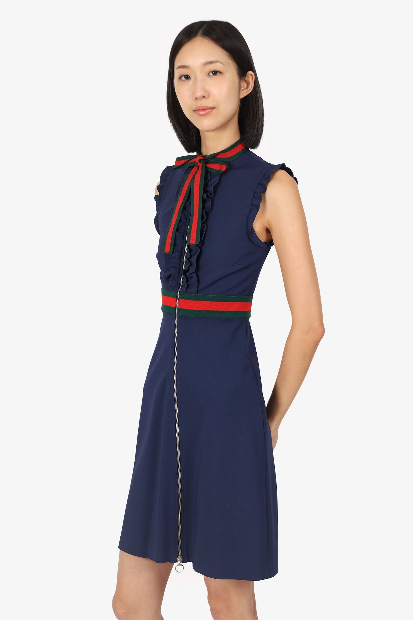 Gucci Navy Ruffled Wed Trim Sleeveless Midi Dress Size XS