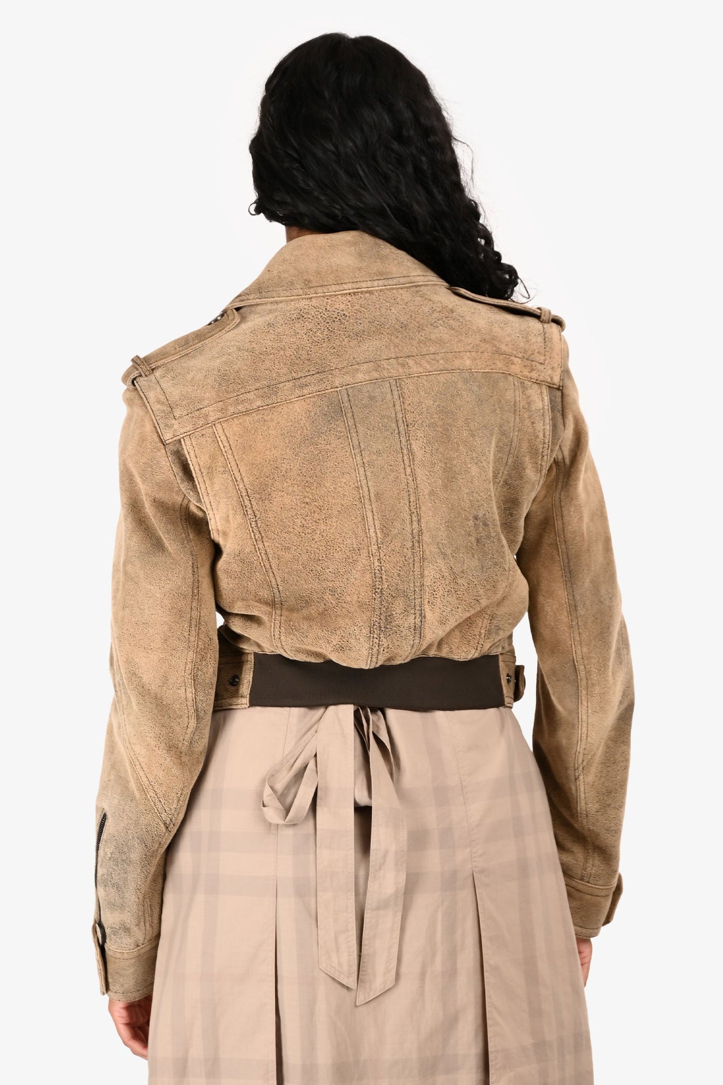 Burberry Brown/Black Leather Cropped Biker Jacket Size 38