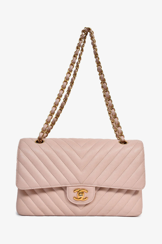 Pre-Loved Chanel™ 2016-17 Pink Calfskin Chevron Medium Double Flap Shoulder Bag