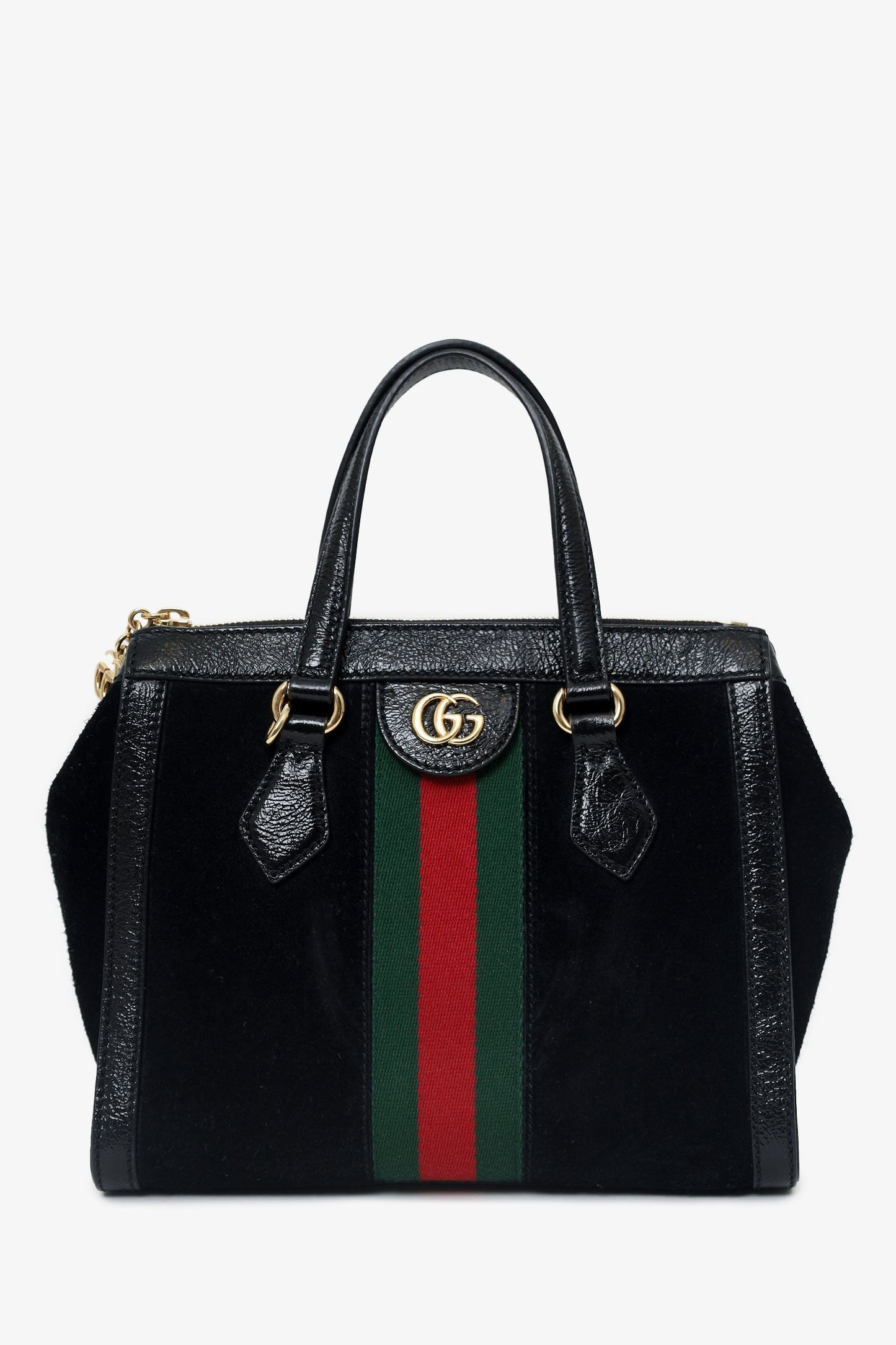 Gucci Black Suede/Patent Web Ophidia Small Tote Bag