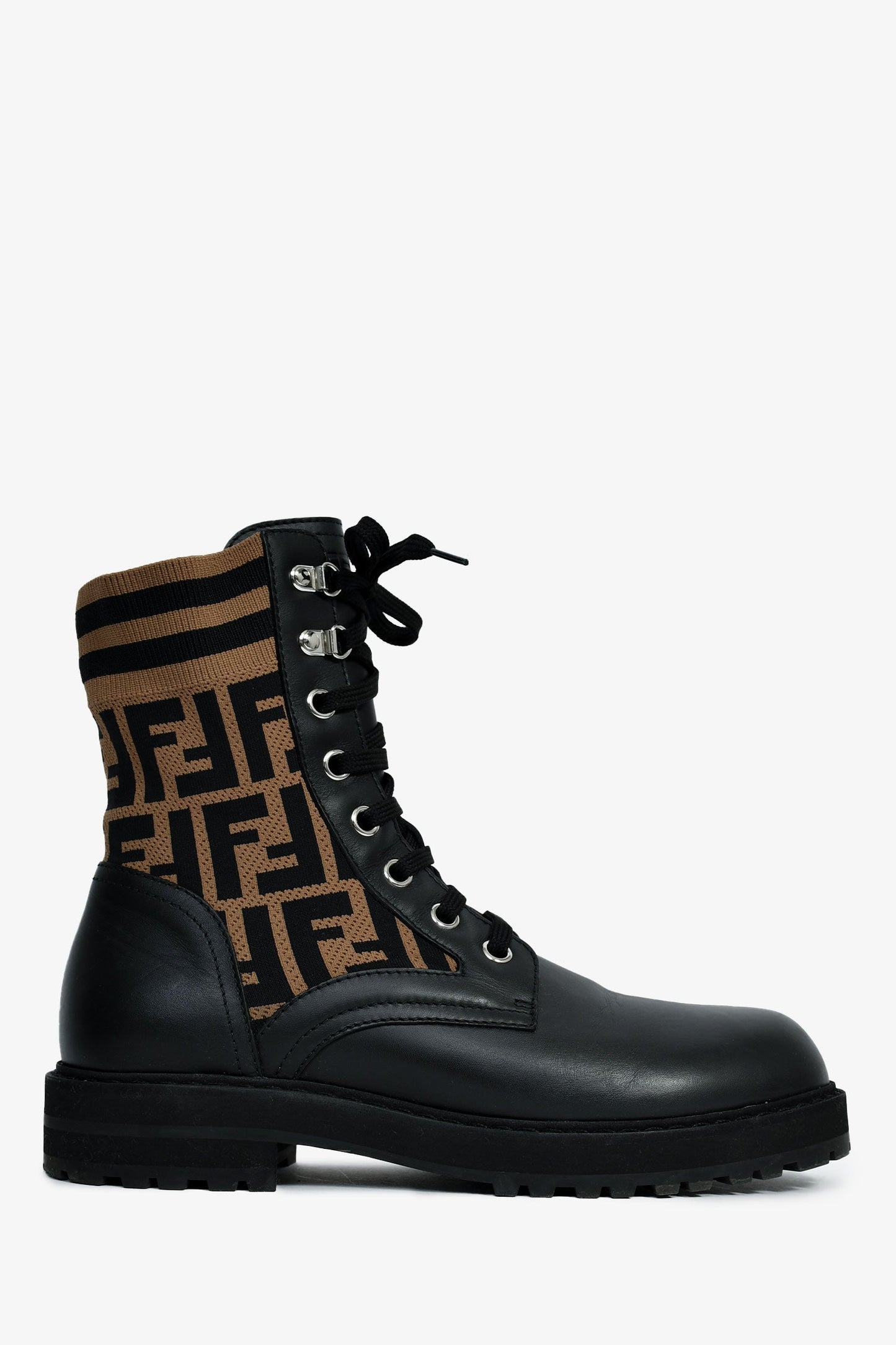 Fendi Black/Taupe Leather/Fabric Zucca Print Combat Boots Size 38 Mens