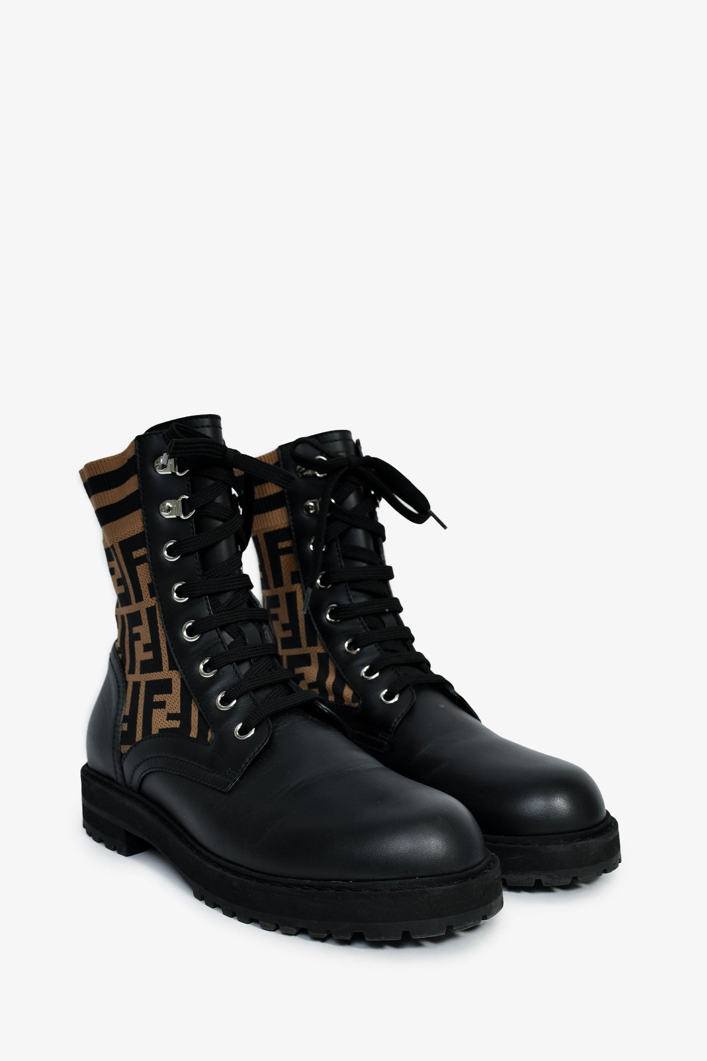 Fendi Black/Taupe Leather/Fabric Zucca Print Combat Boots Size 38 Mens