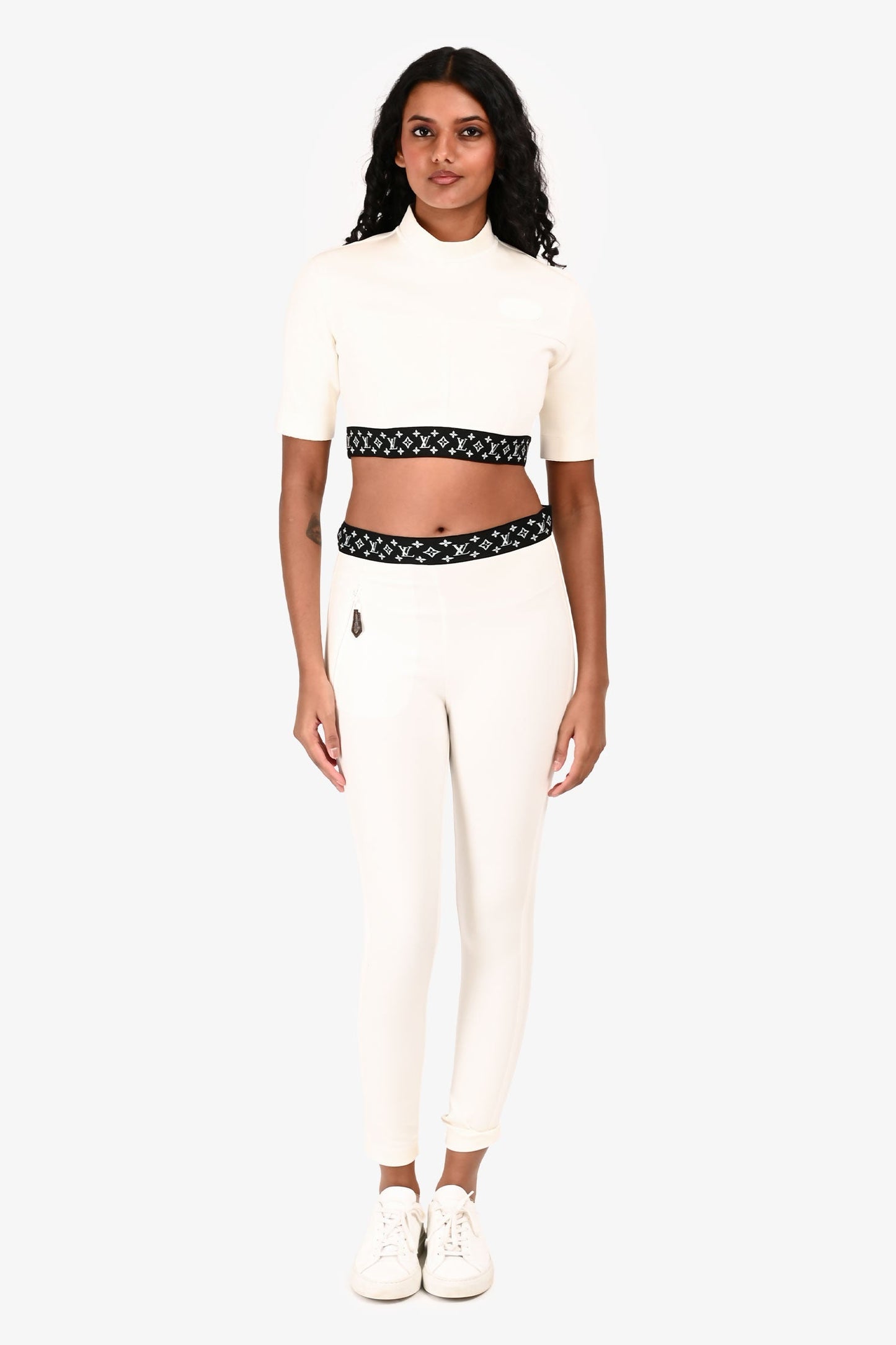 Louis Vuitton White/Black Logo Waistband Leggings Size 34 + Crop Top Set Size 38