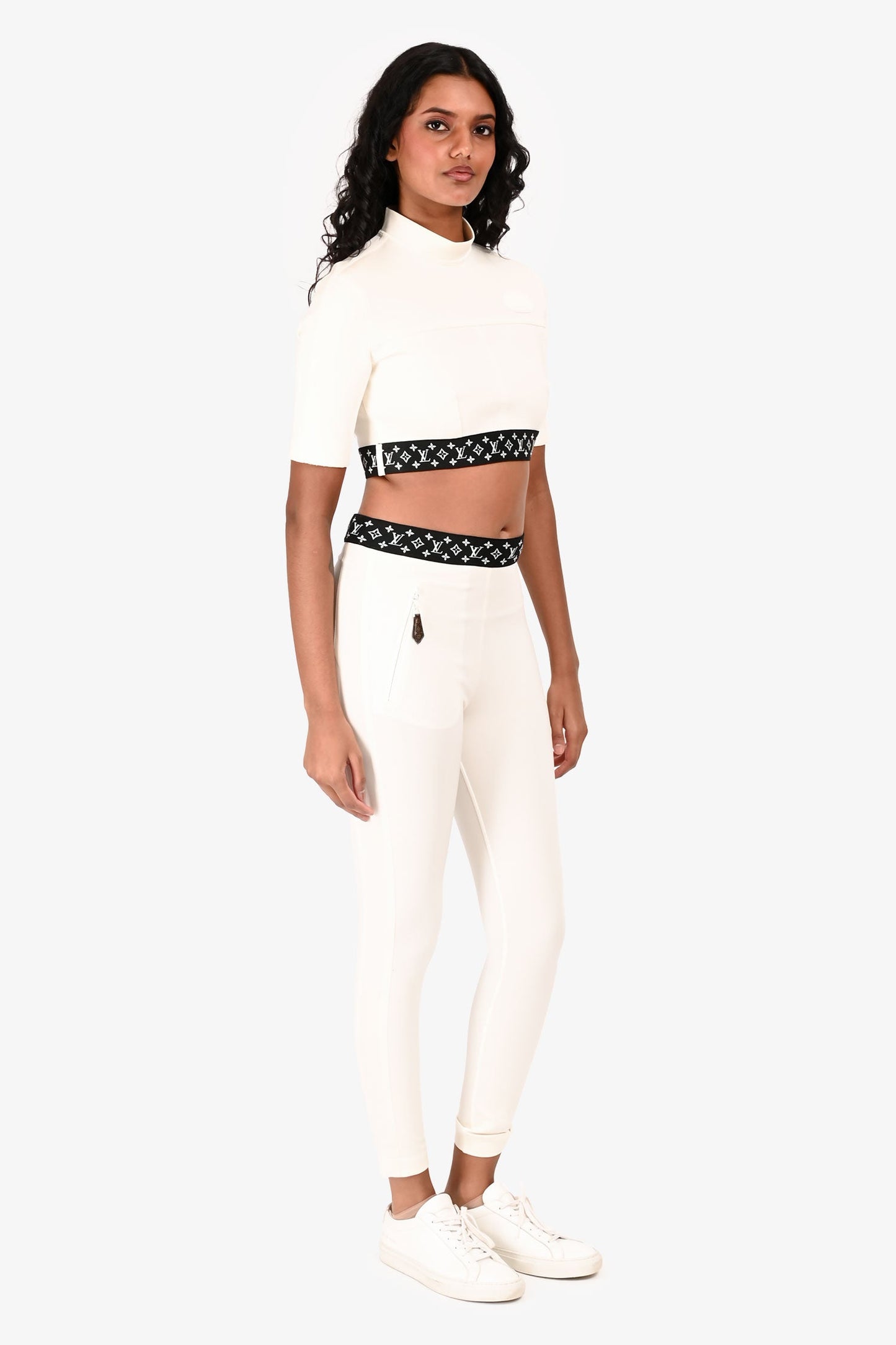 Louis Vuitton White/Black Logo Waistband Leggings Size 34 + Crop Top Set Size 38