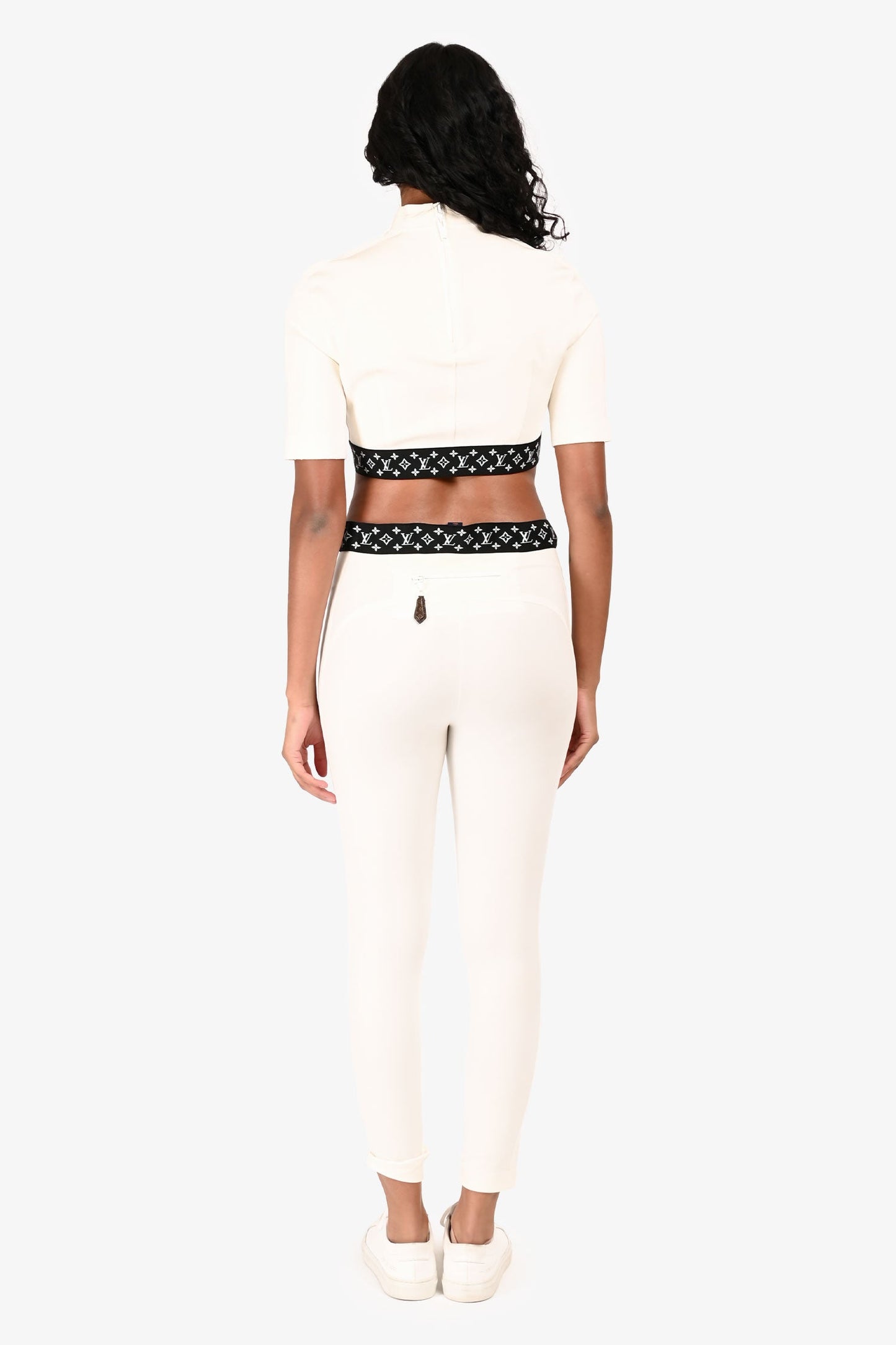 Louis Vuitton White/Black Logo Waistband Leggings Size 34 + Crop Top Set Size 38