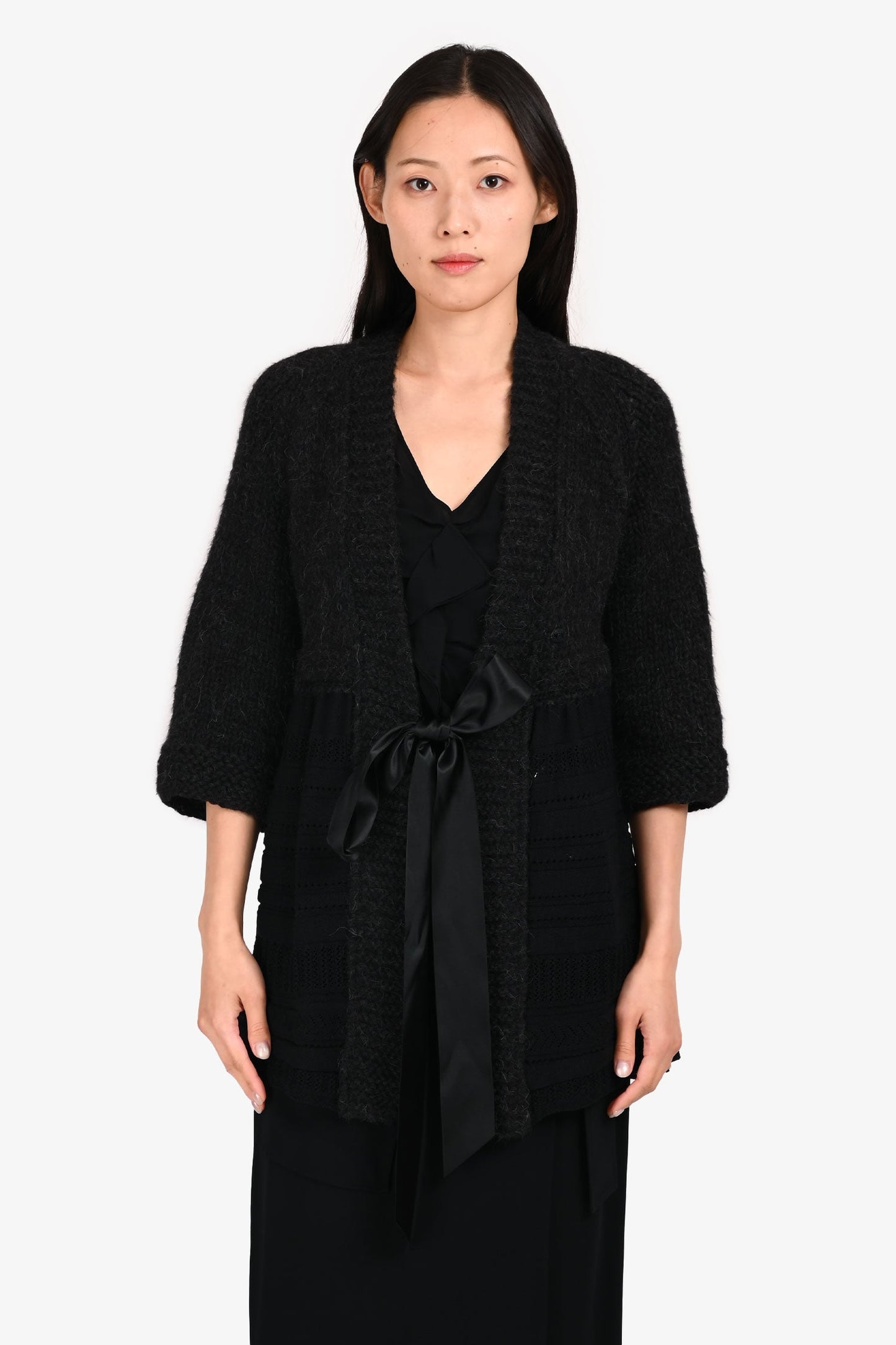 Pre-Loved Chanel™ Black Alpaca/Wool Logo Tie Cardigan Size 42