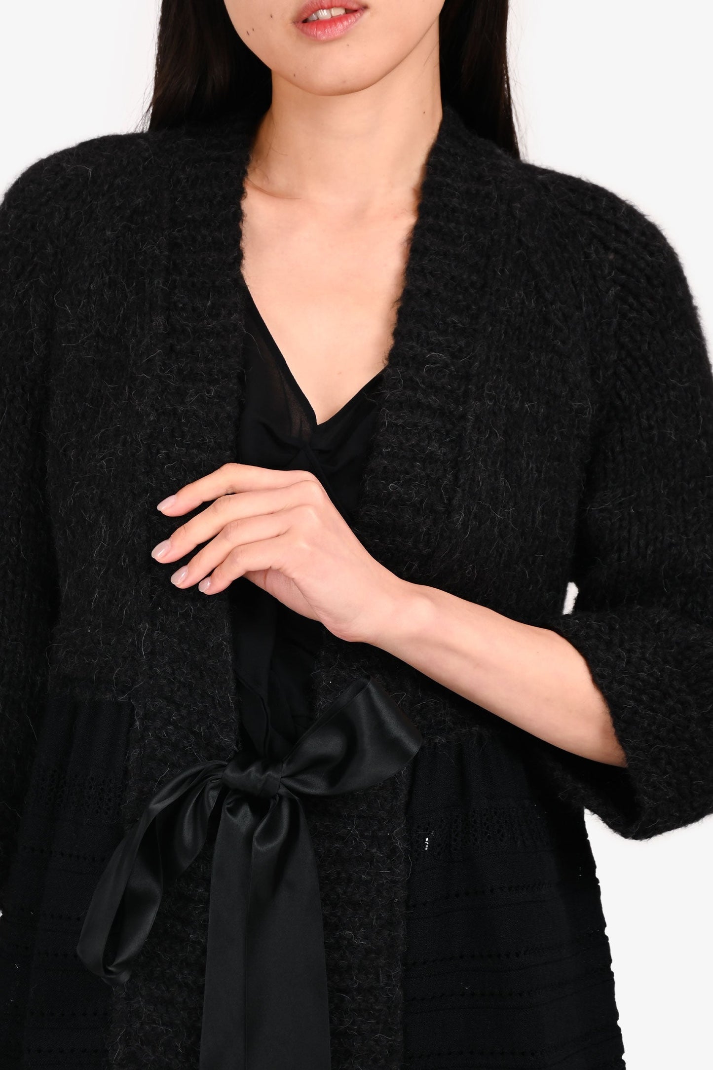 Pre-Loved Chanel™ Black Alpaca/Wool Logo Tie Cardigan Size 42