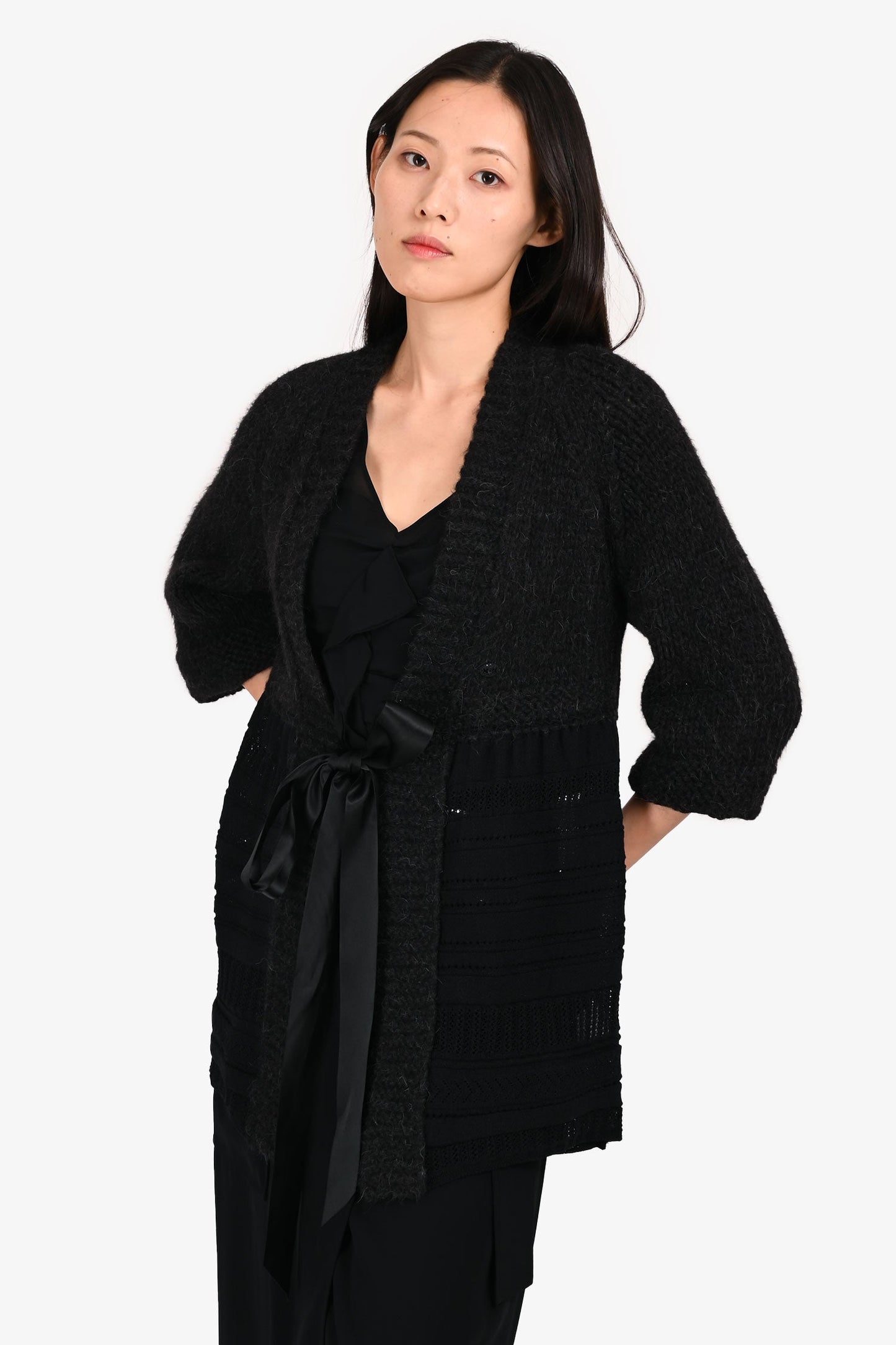 Pre-Loved Chanel™ Black Alpaca/Wool Logo Tie Cardigan Size 42