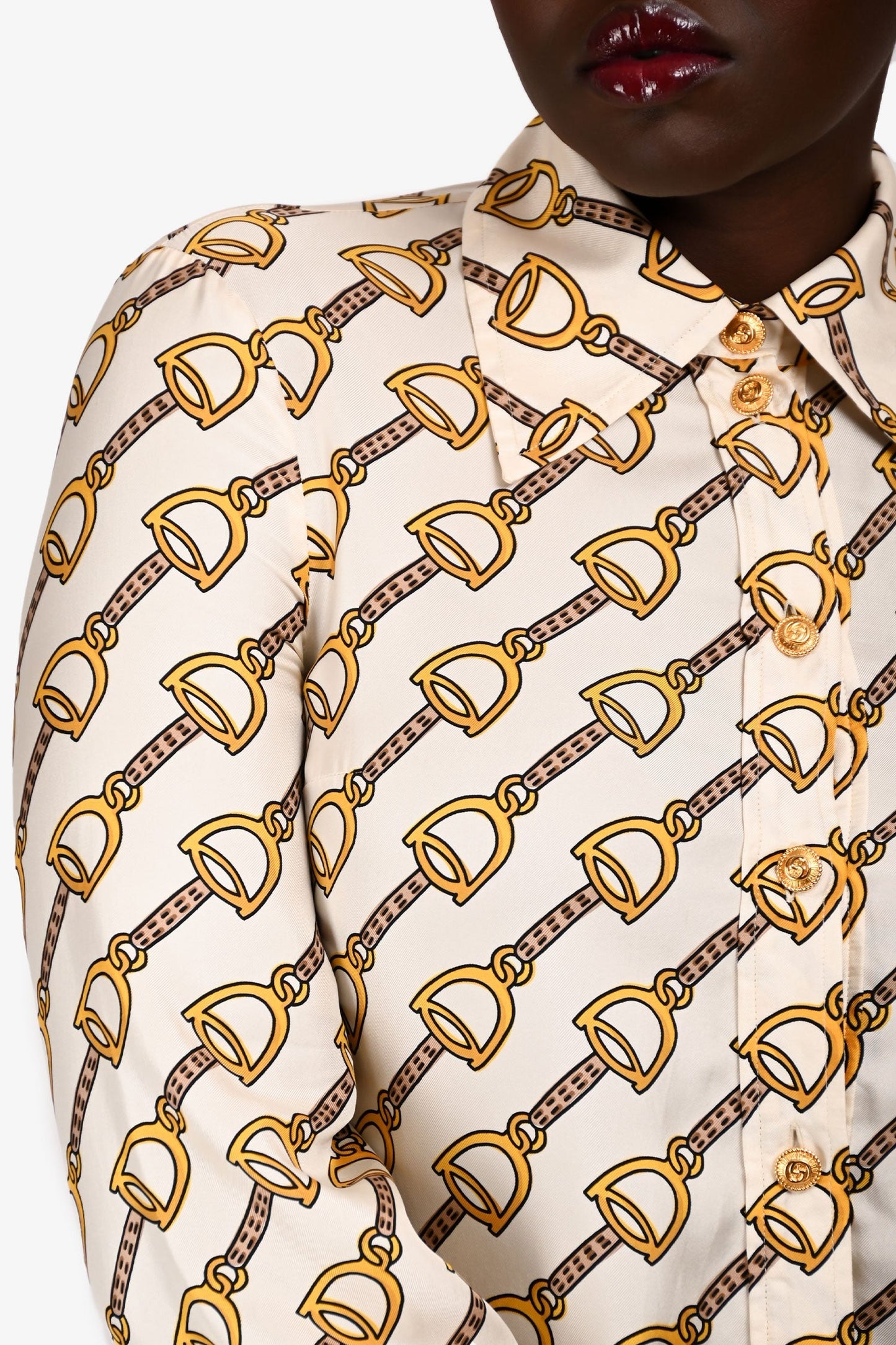 Gucci Silk Beige/Yellow Horsebit Patterned Shirt Dress Size 40