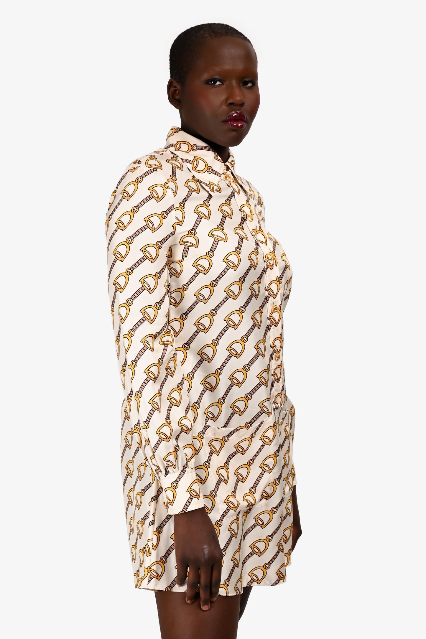 Gucci Silk Beige/Yellow Horsebit Patterned Shirt Dress Size 40