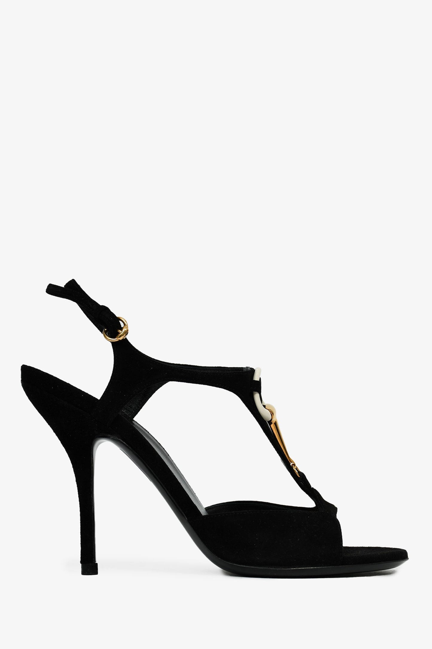 Gucci   Black Suede Gold/White Detailed Heeled Sandals Size 37.5