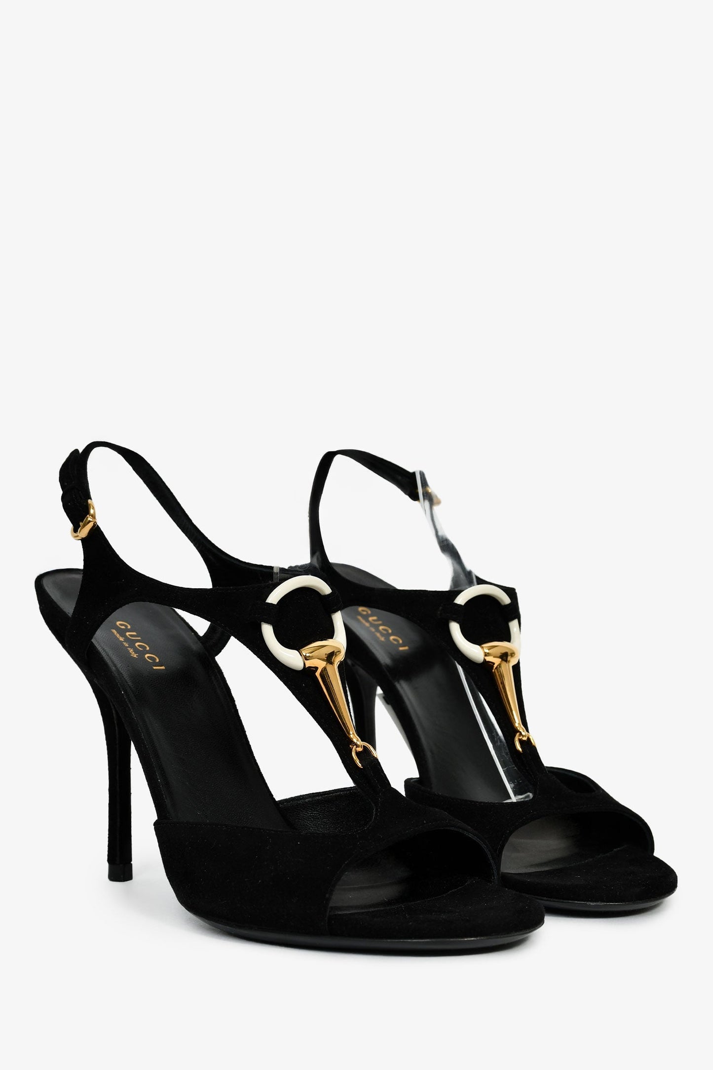 Gucci   Black Suede Gold/White Detailed Heeled Sandals Size 37.5