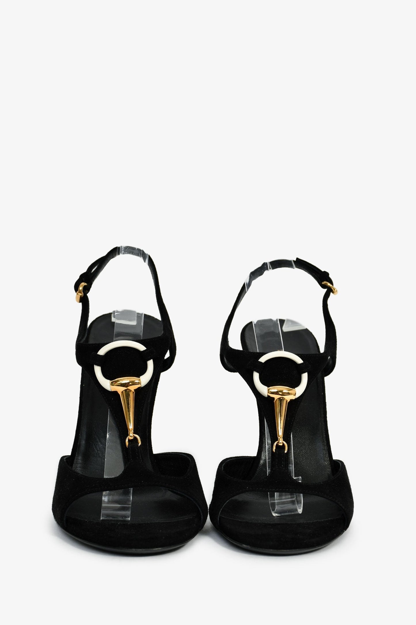 Gucci   Black Suede Gold/White Detailed Heeled Sandals Size 37.5