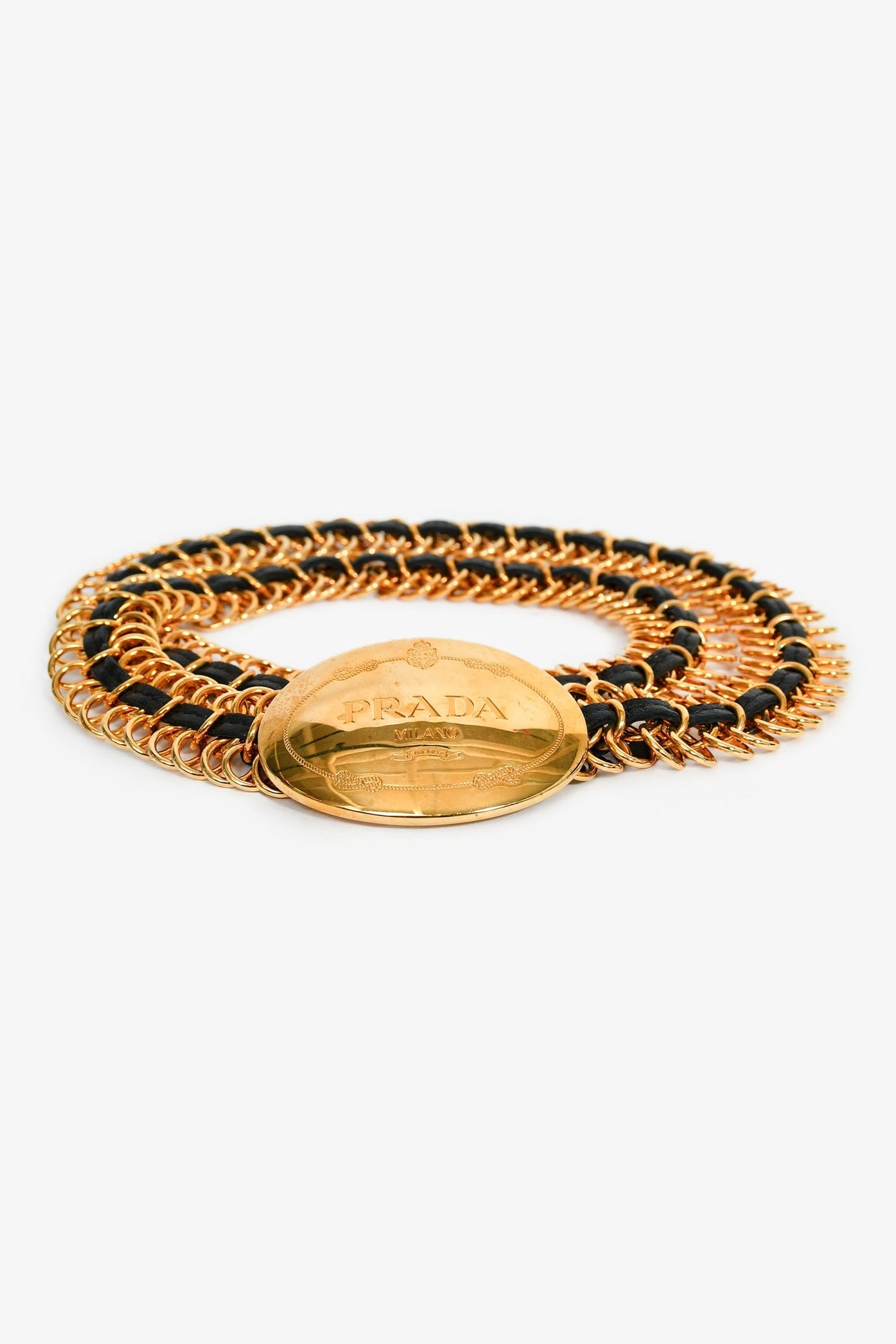 Prada Gold Tone Leather Chain Plaque Belt Size 80