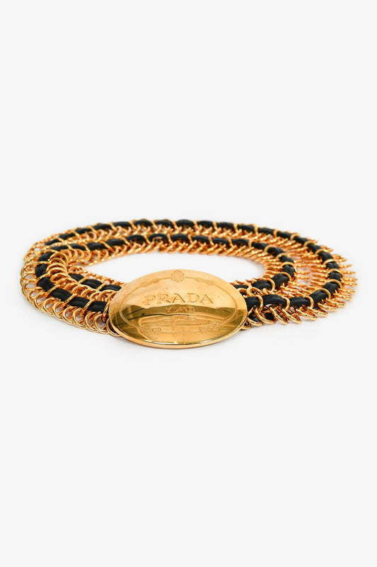 Prada Gold Tone Leather Chain Plaque Belt Size 80
