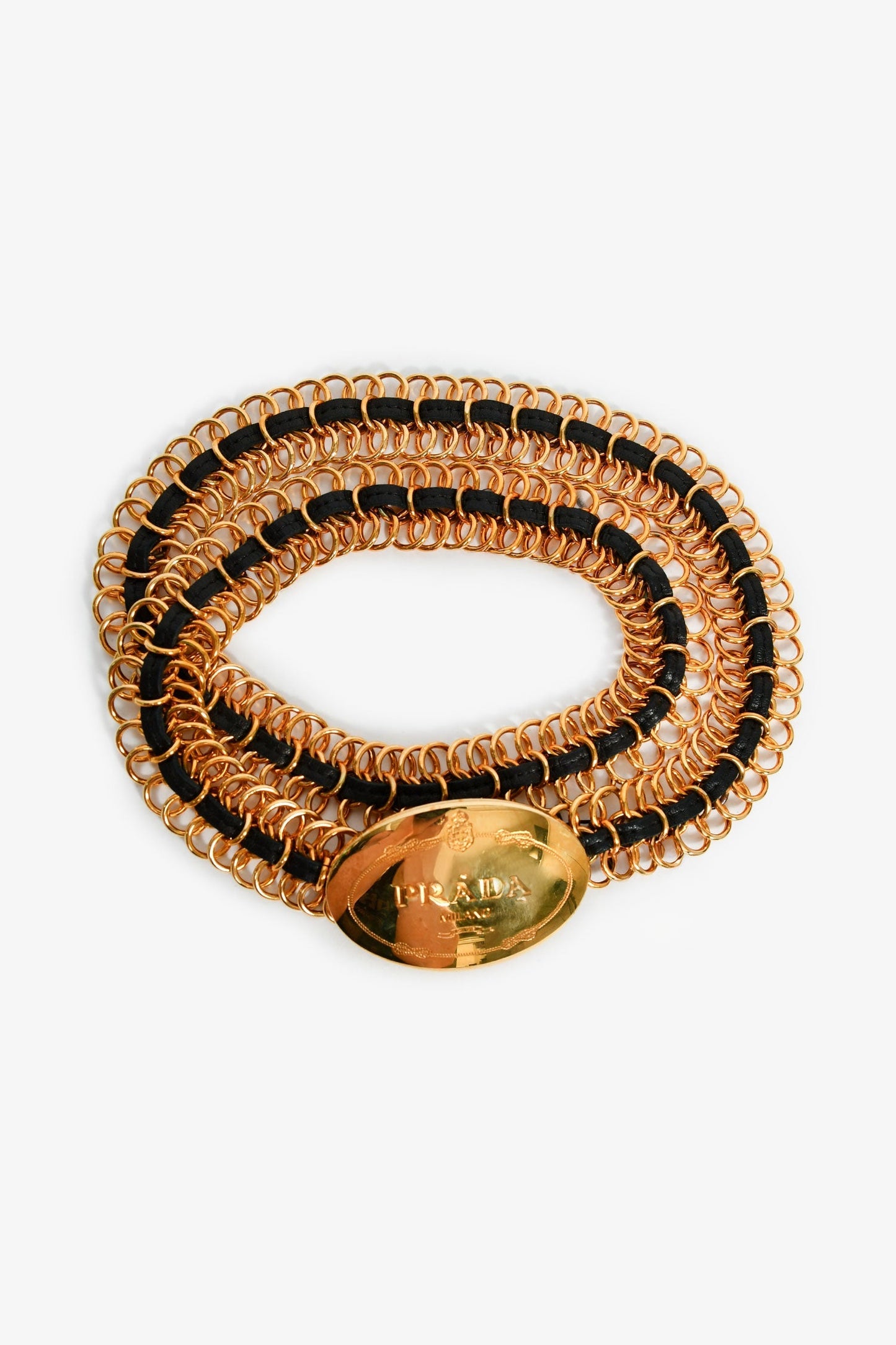 Prada Gold Tone Leather Chain Plaque Belt Size 80