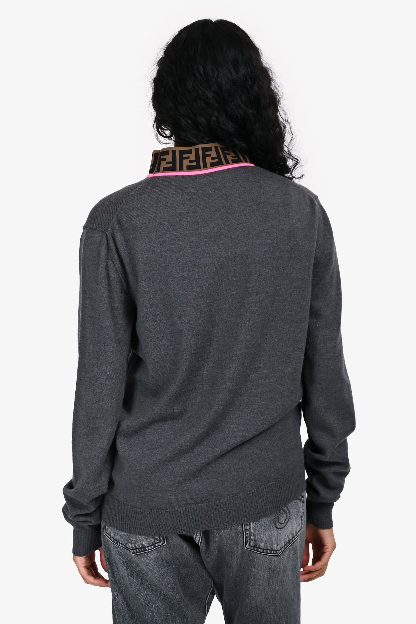 Fendi Grey Wool Logo Neck Sweater Size 48