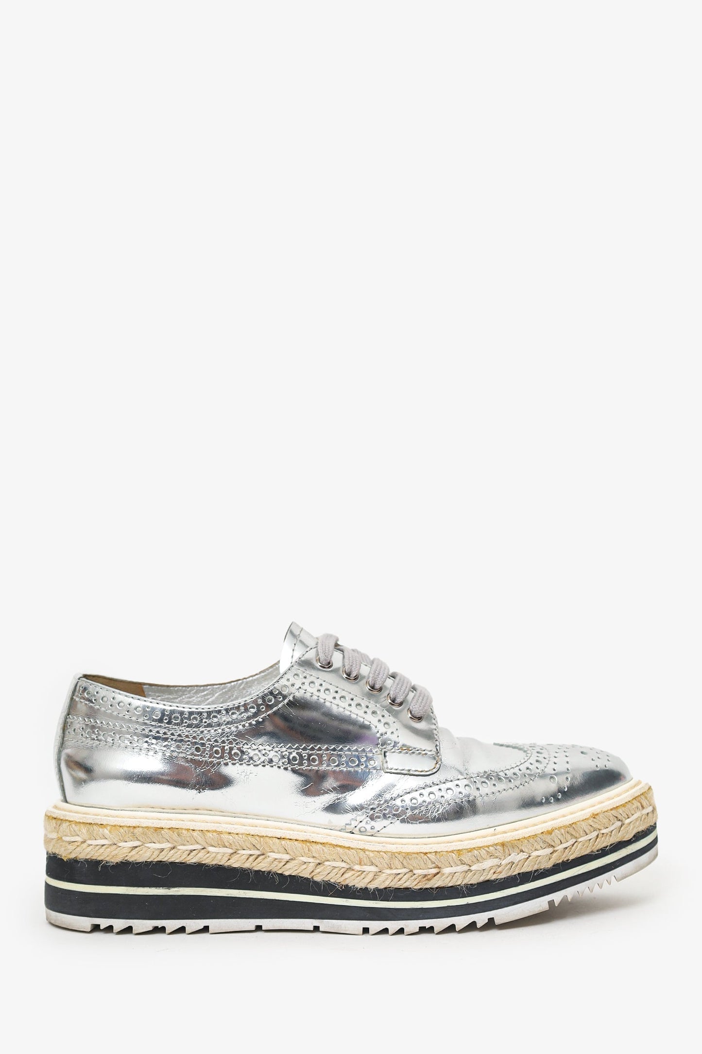 Prada Silver Metallic Leather Platform Oxford Shoes Size 36.5