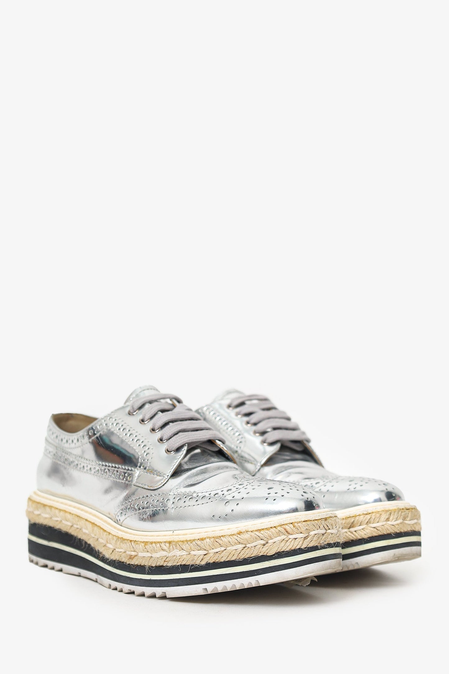 Prada Silver Metallic Leather Platform Oxford Shoes Size 36.5