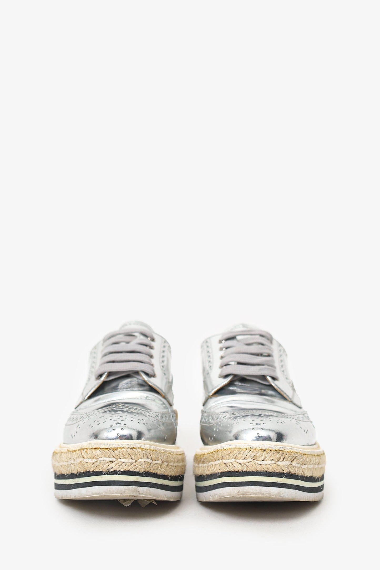 Prada Silver Metallic Leather Platform Oxford Shoes Size 36.5