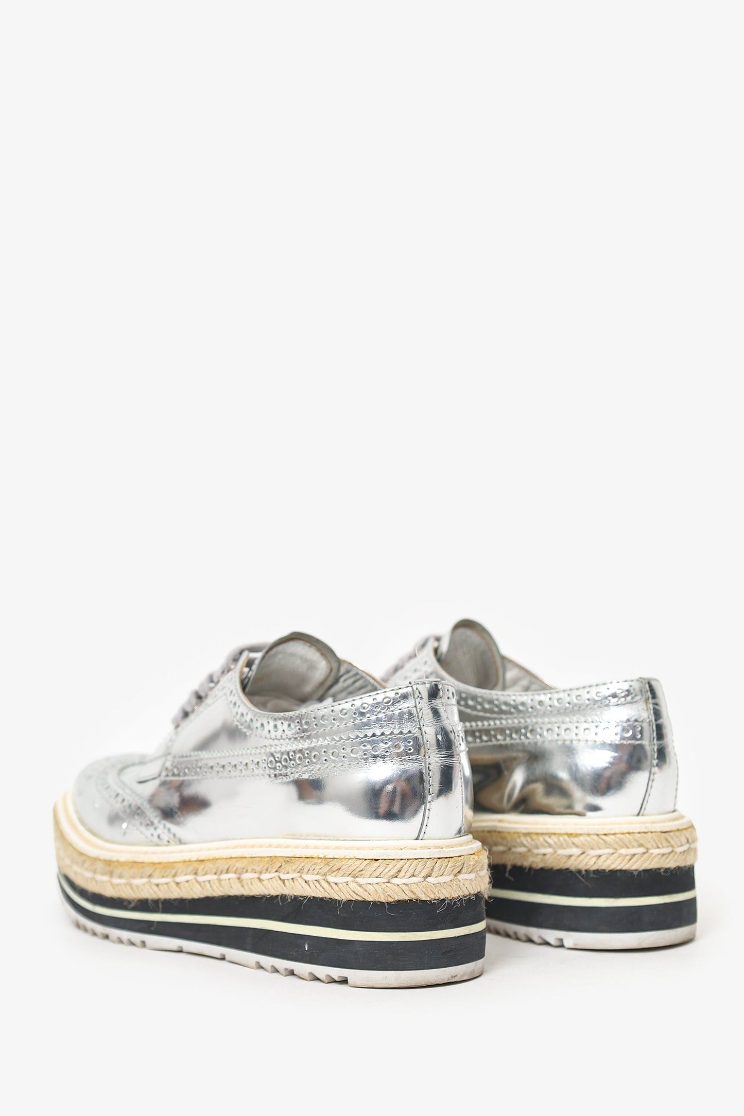 Prada Silver Metallic Leather Platform Oxford Shoes Size 36.5