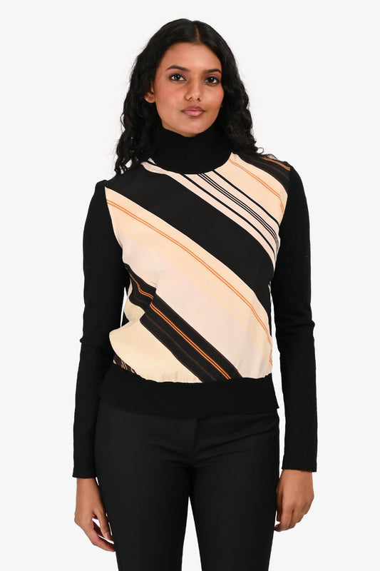 Gucci Black Wool Cream Silk Panel Turtleneck Sweater Size S