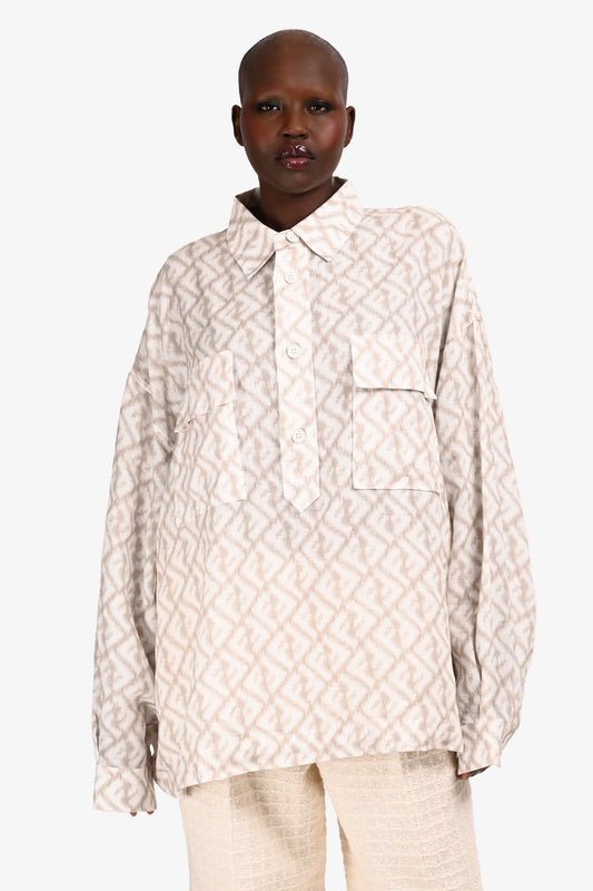 Fendi 2022 White/Beige Graphic Linen V-Neck Pocket Blo  Size 42 w/ Tags