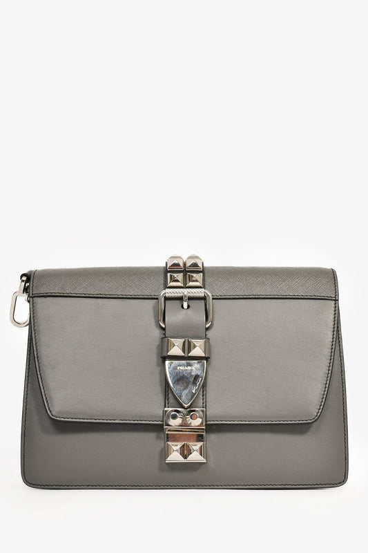 Prada Grey Leather Crossbody Bag with Black Leather Studded Detachable Strap