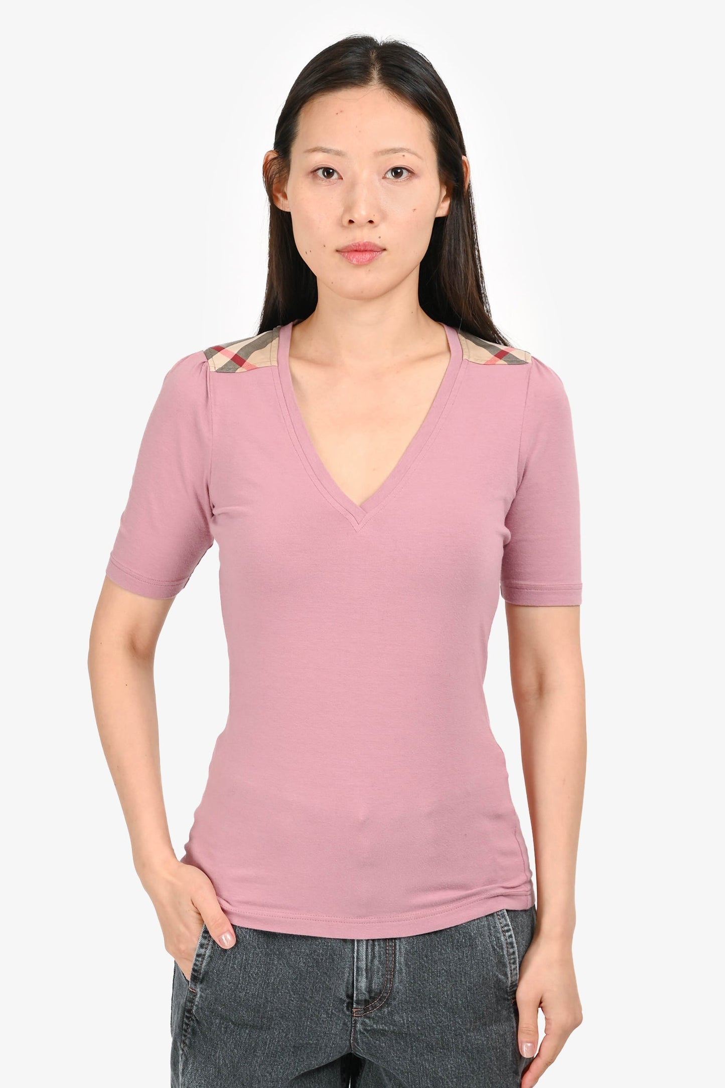 Burberry London Pink Cotton Nova Check Detail Short Sleeve T-Shirt Size XS