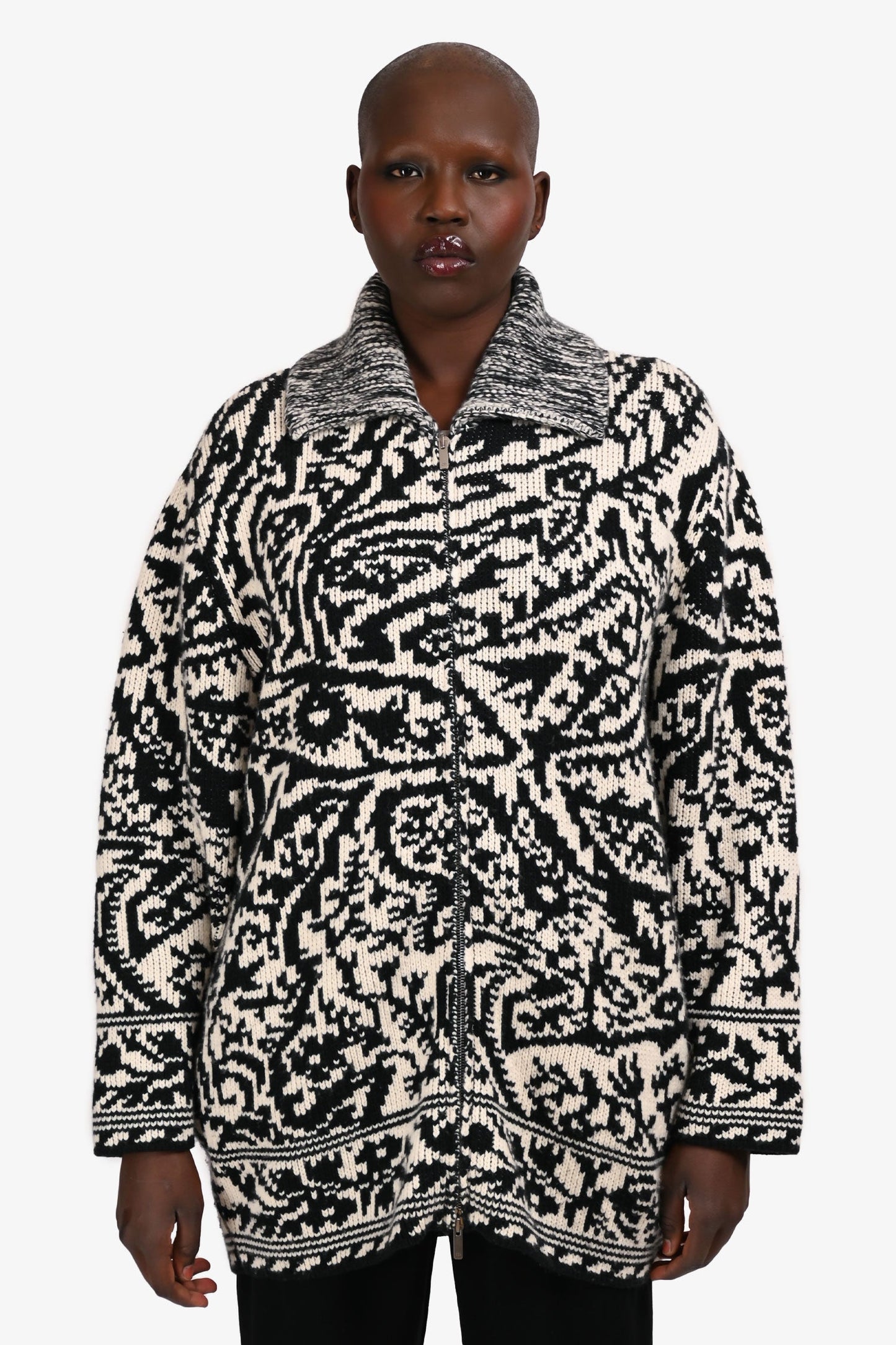 Christian Dior Black/White Wool/Cashmere Patterned Zip Up Cardigan Size M