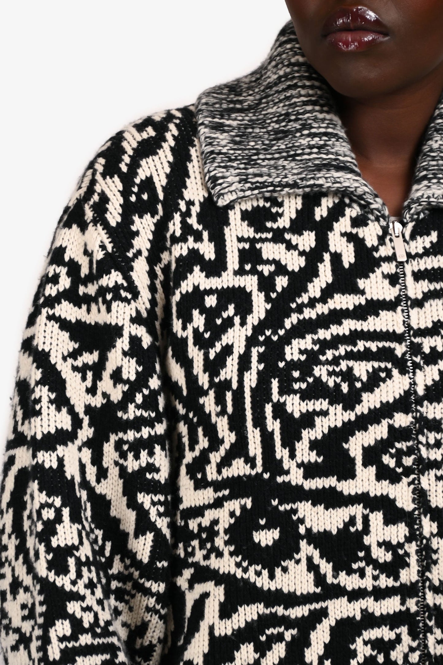 Christian Dior Black/White Wool/Cashmere Patterned Zip Up Cardigan Size M