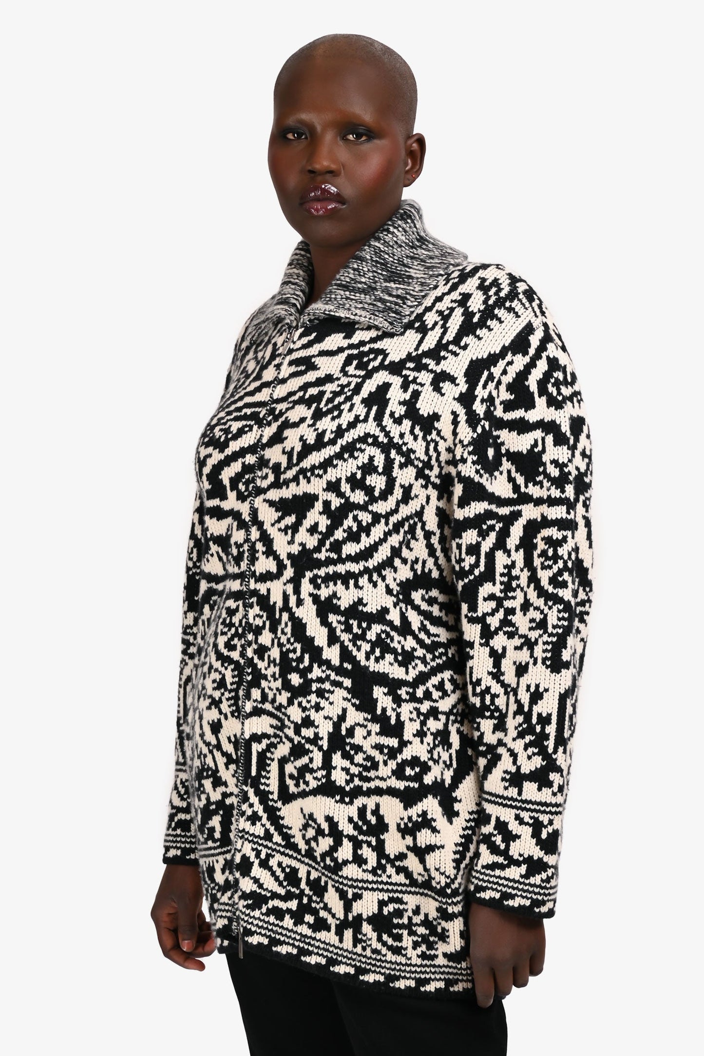 Christian Dior Black/White Wool/Cashmere Patterned Zip Up Cardigan Size M