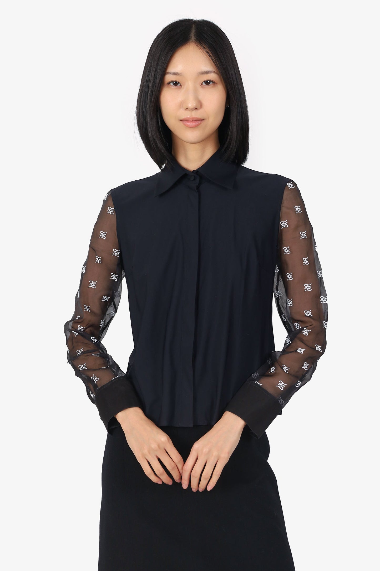 Fendi Black Sheer Sleeve Embroidered 'FF' Button Down Blo  Size 38