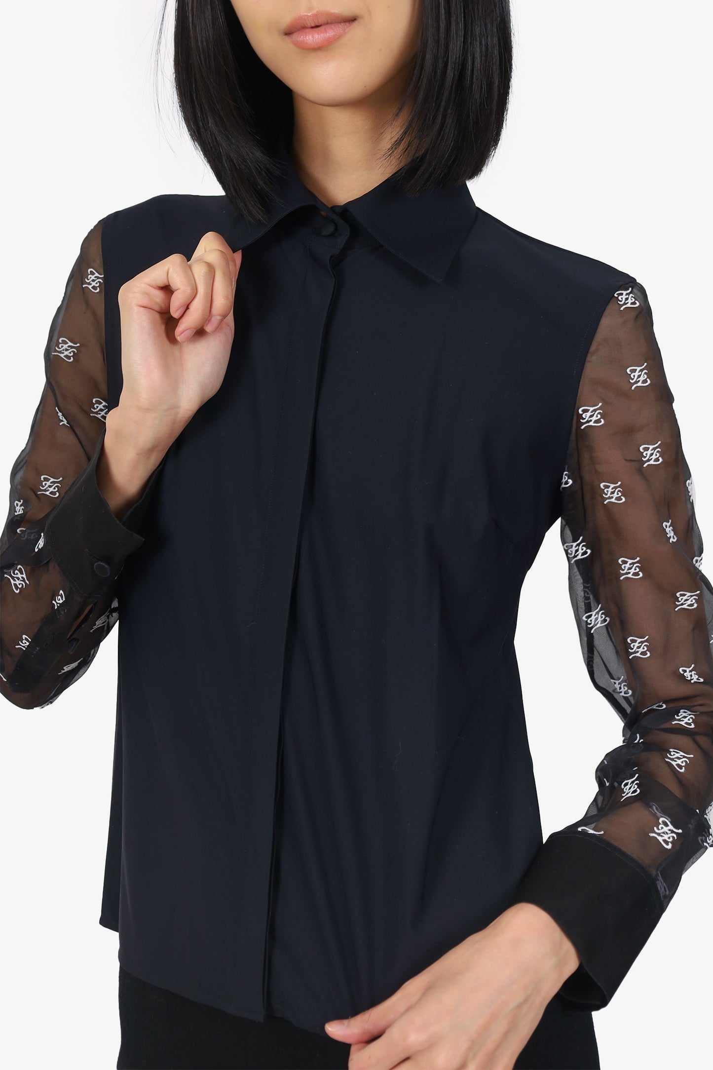 Fendi Black Sheer Sleeve Embroidered 'FF' Button Down Blo  Size 38