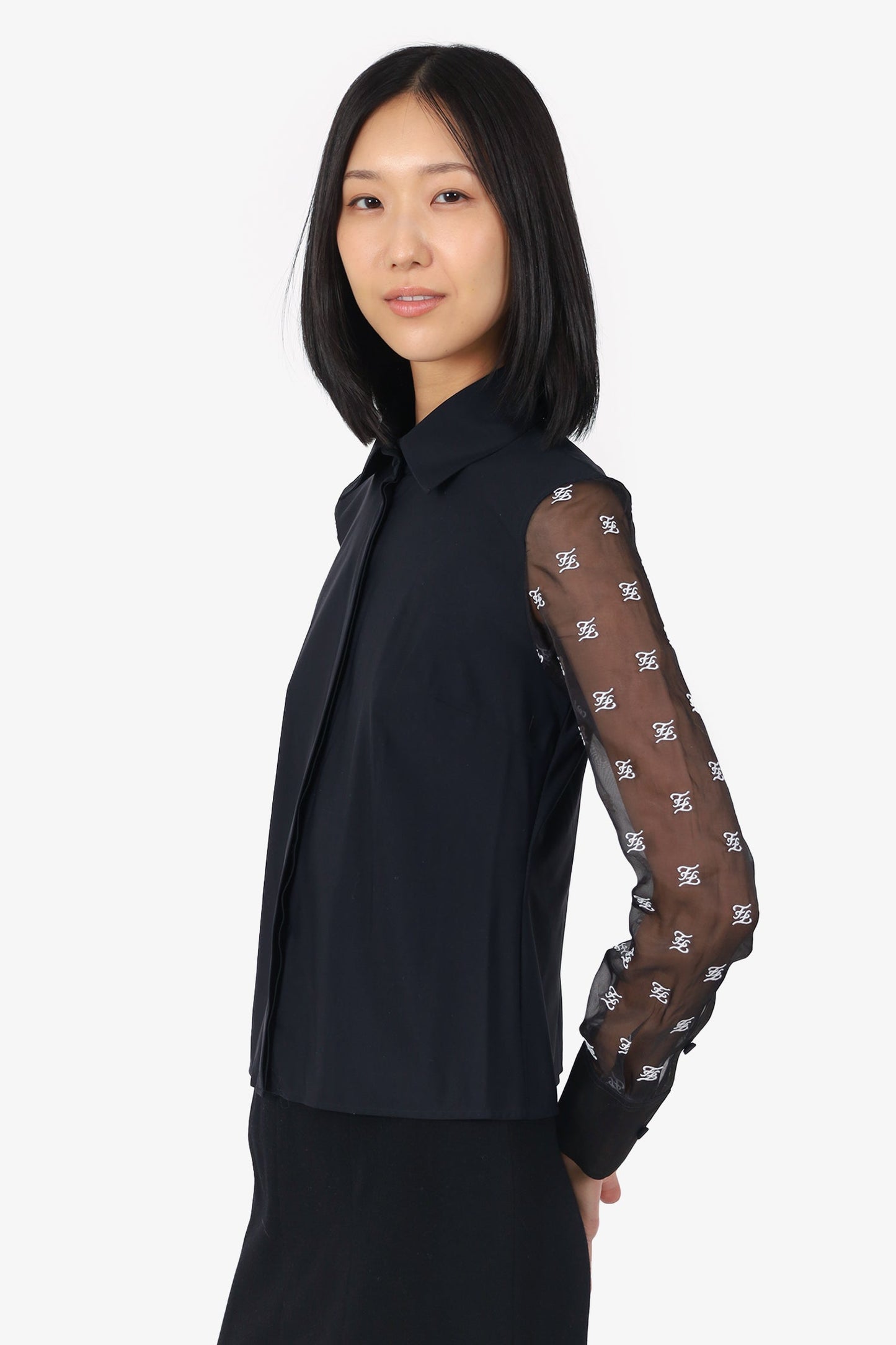 Fendi Black Sheer Sleeve Embroidered 'FF' Button Down Blo  Size 38