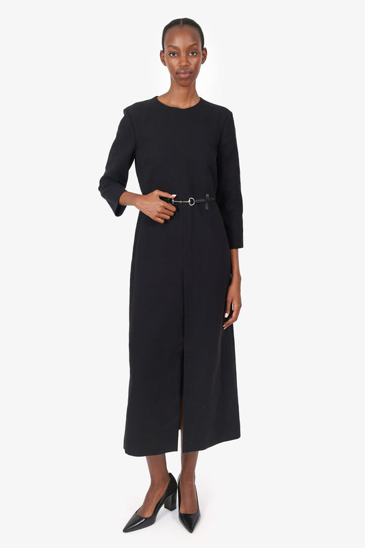 Gucci 25SS Black Cotton Crêpe Dress with Horsebit Belt size 42