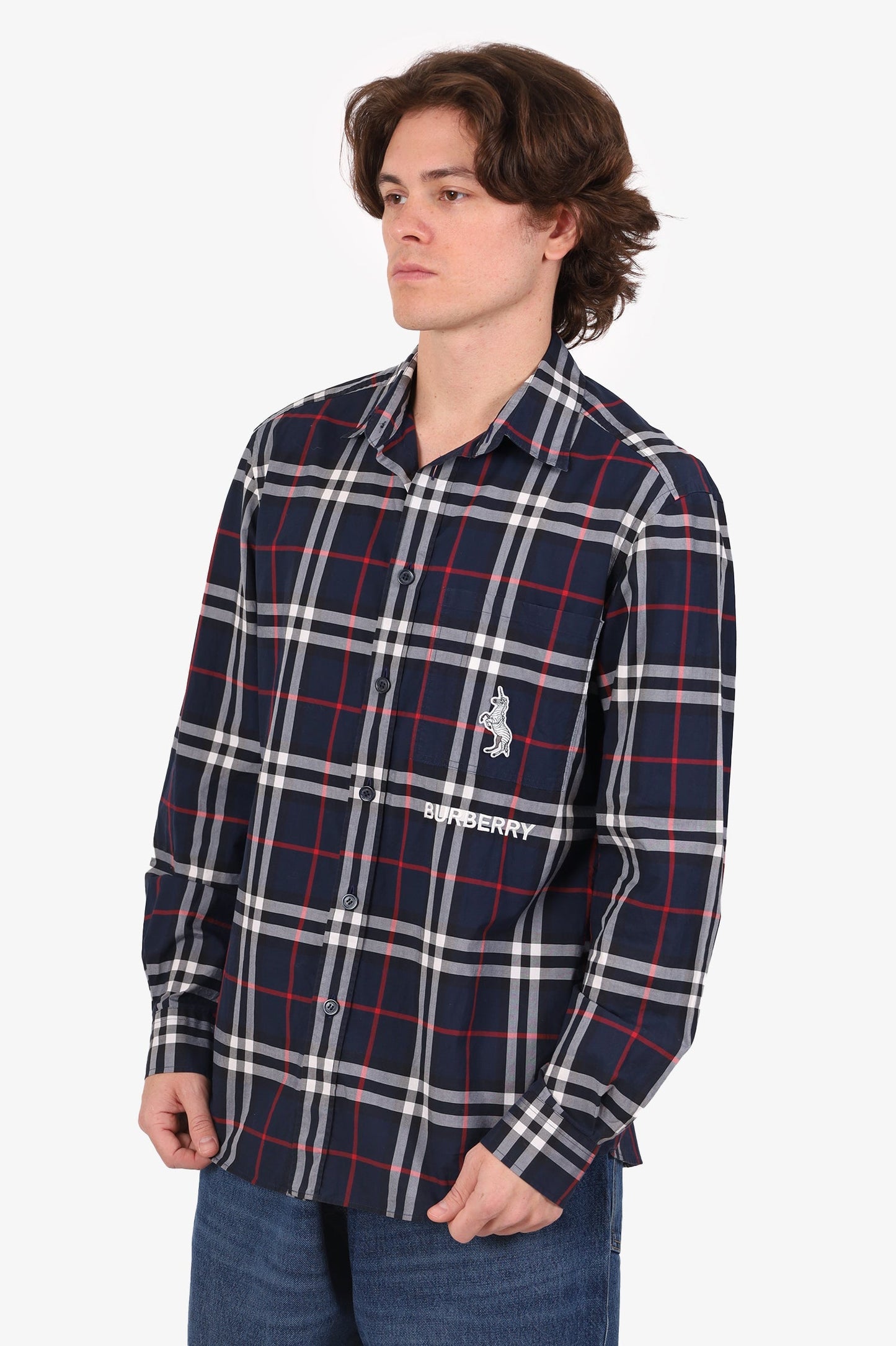 Burberry Blue Check Button Up Unicorn Patch Shirt Size M Mens
